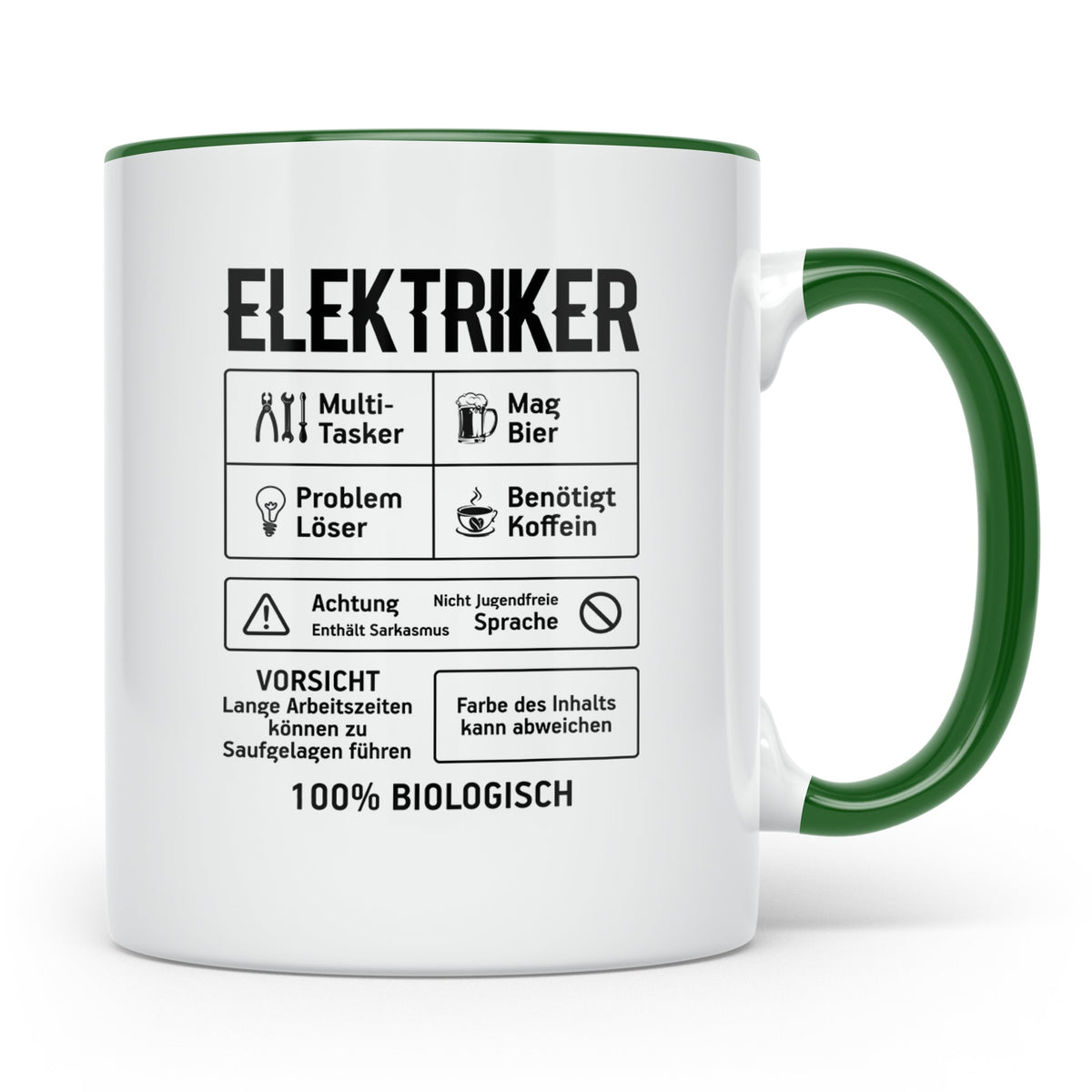 Elektriker Tasse lustig Spruch Kaffee Bier Geschenk für Elek – Grün [farbe:grün]