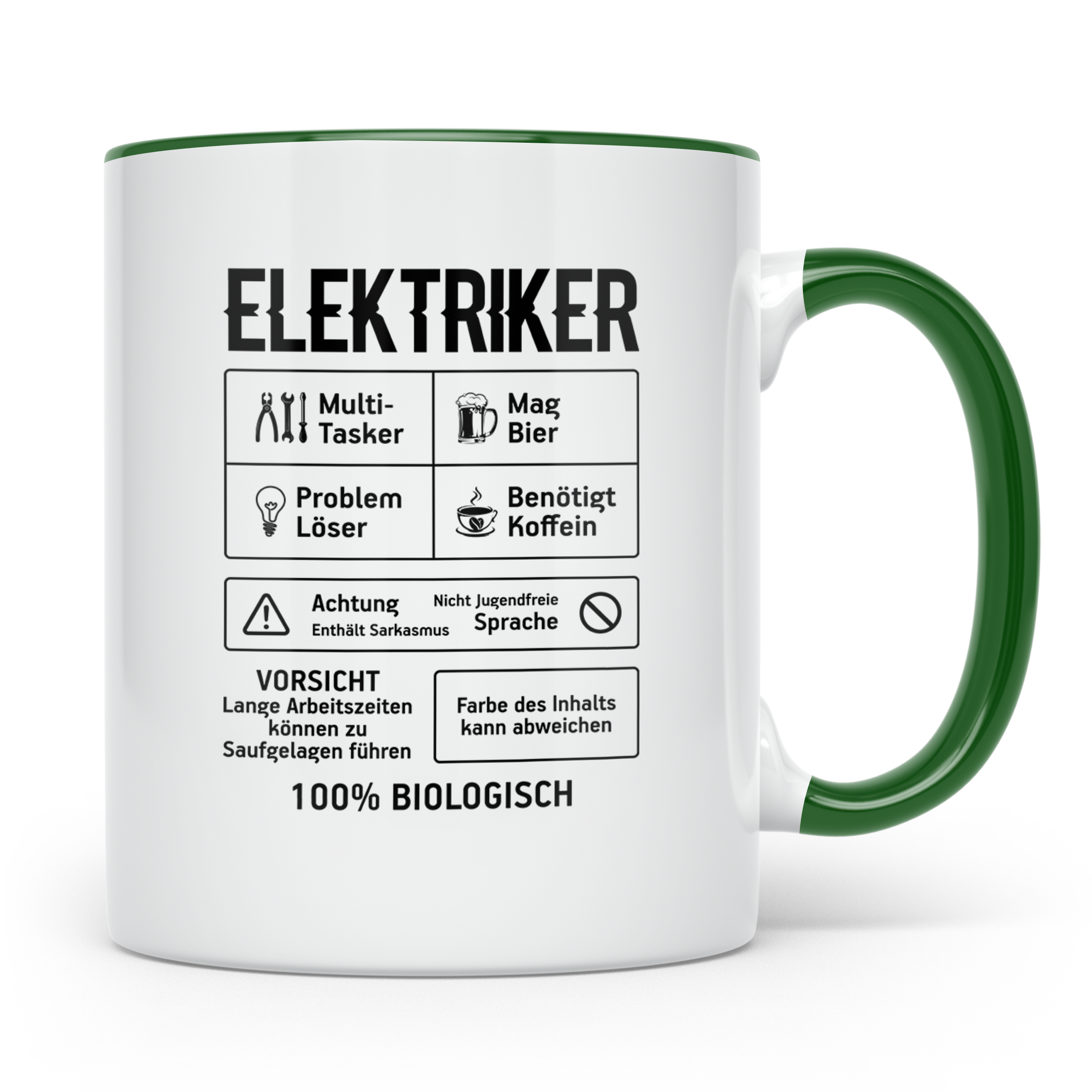 Elektriker Tasse lustig Spruch Kaffee Bier Geschenk für Elek – Grün [farbe:grün]