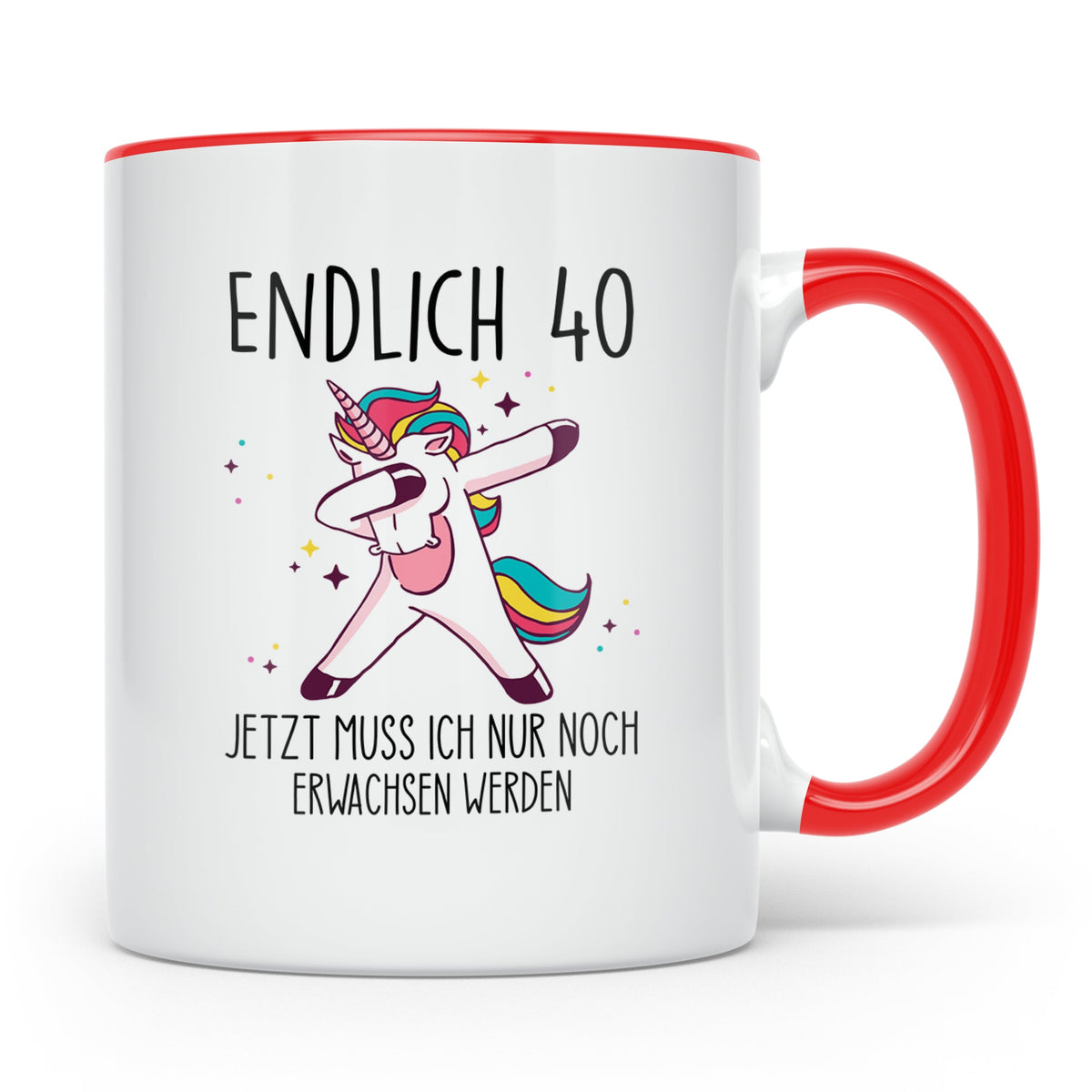 40. Geburtstag Tasse lustig mit Einhorn Spruch Endlich 40 fü – Rot [farbe:rot]