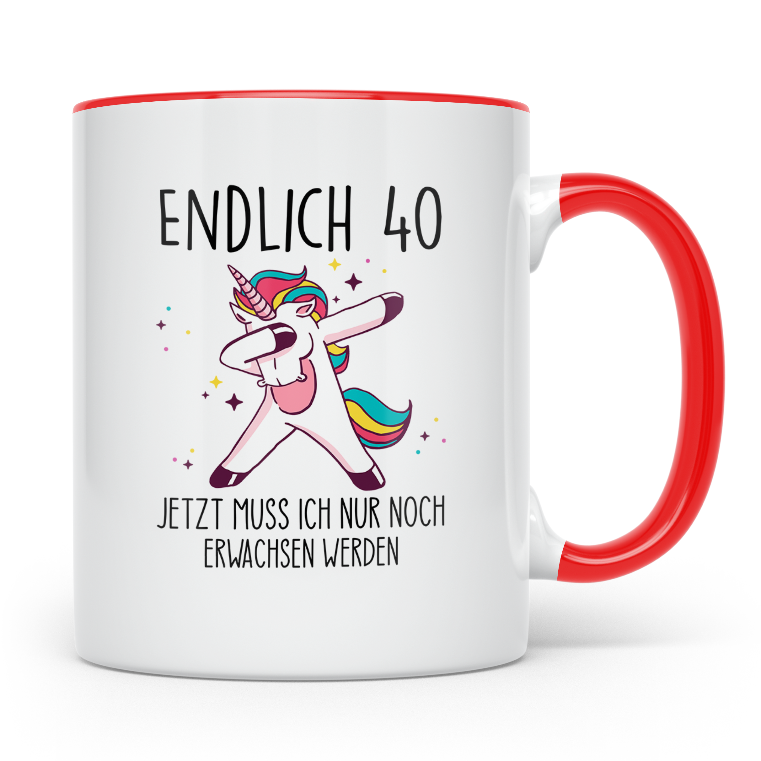 40. Geburtstag Tasse lustig mit Einhorn Spruch Endlich 40 fü – Rot [farbe:rot]