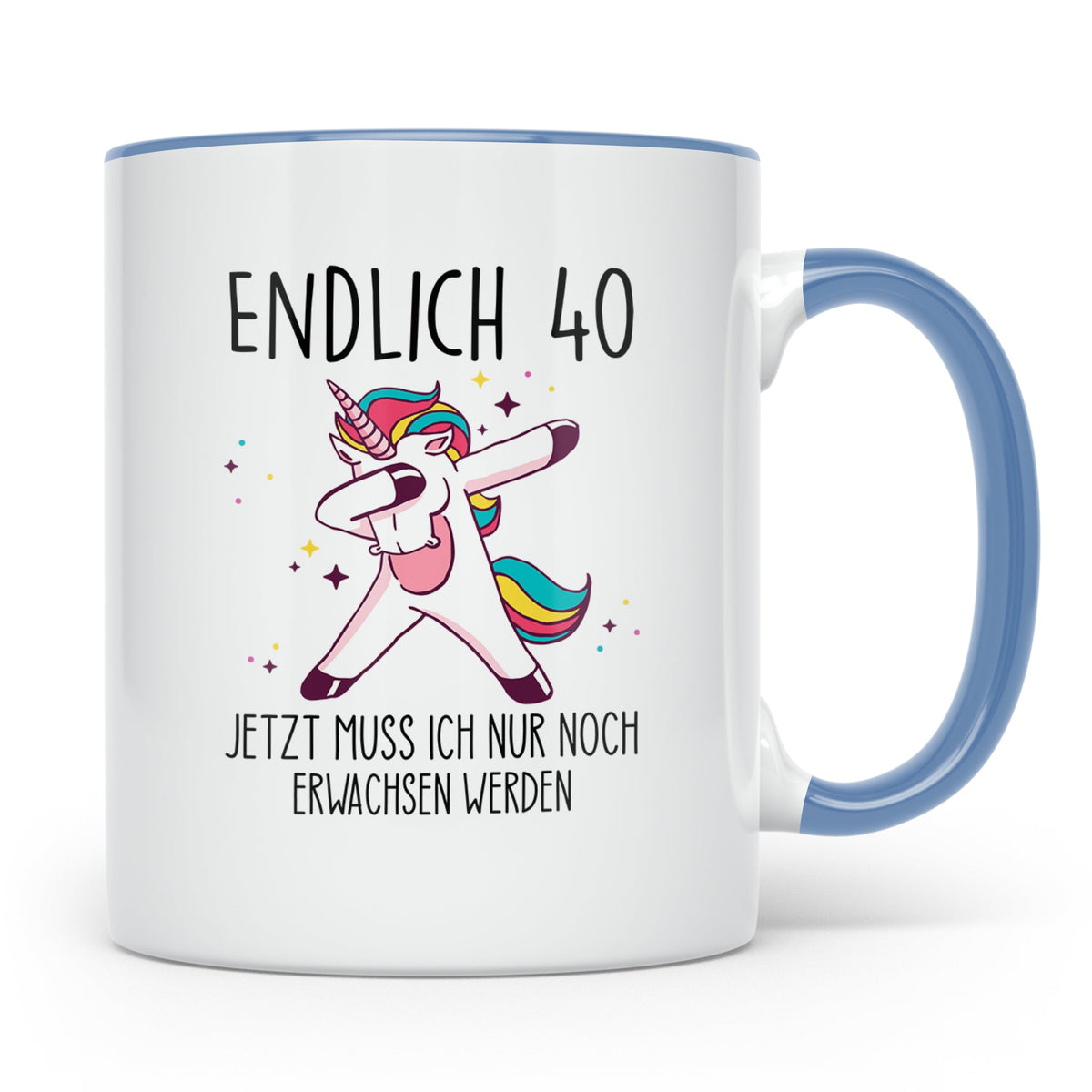 40. Geburtstag Tasse lustig mit Einhorn Spruch Endlich 40 fü – Blau [farbe:blau]