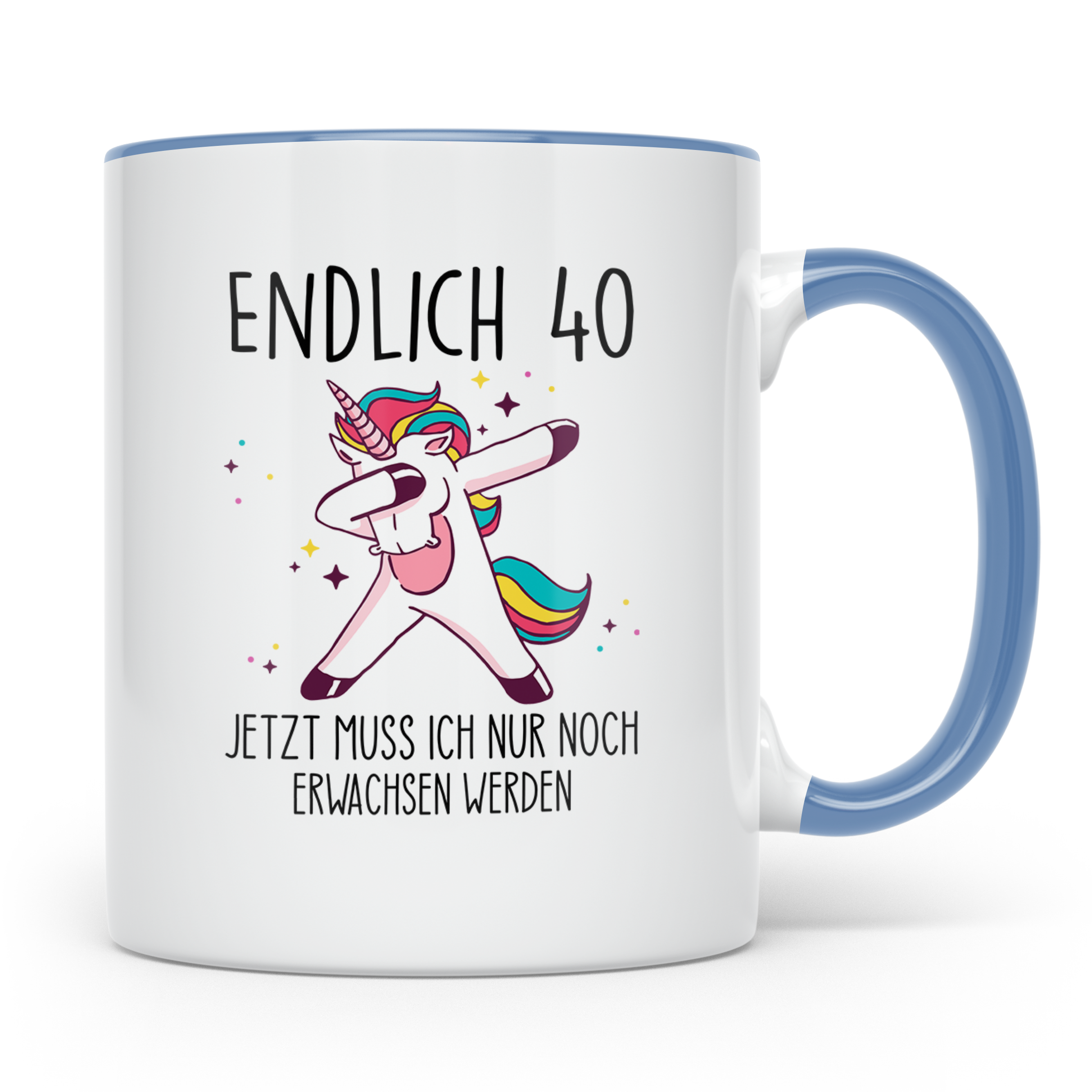40. Geburtstag Tasse lustig mit Einhorn Spruch Endlich 40 fü – Blau [farbe:blau]