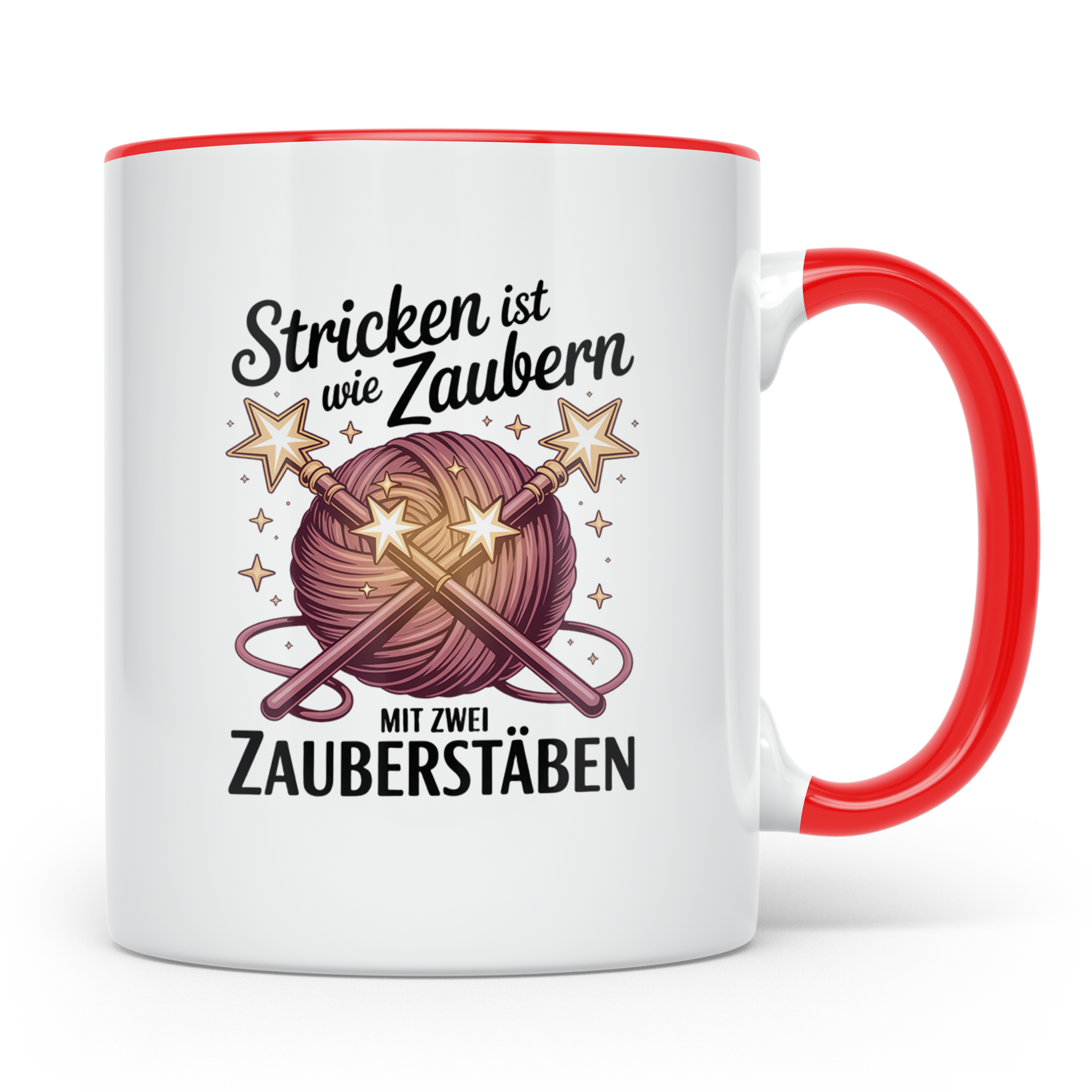 Stricken Tasse mit Spruch Stricken ist wie Zaubern, Geschenk – Rot [farbe:rot]