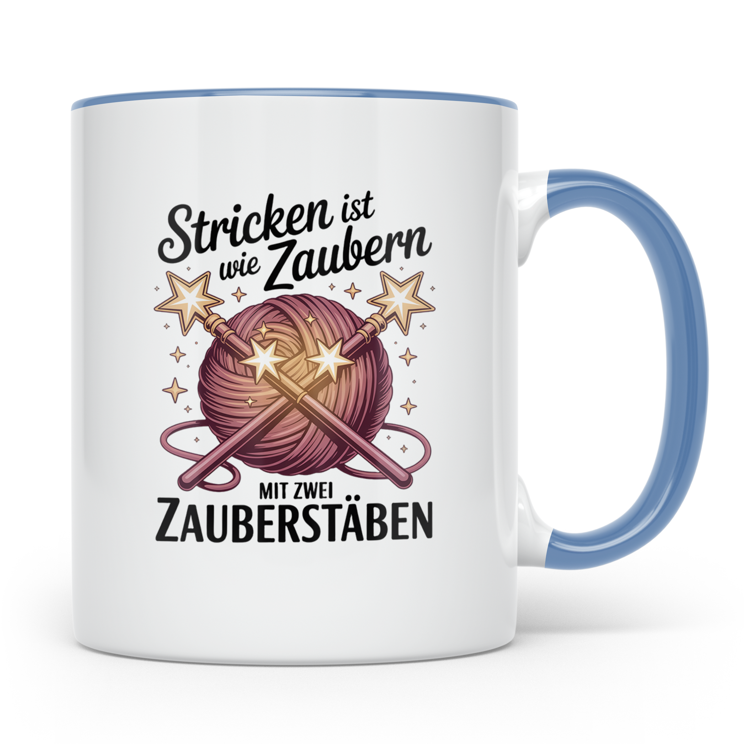 Stricken Tasse mit Spruch Stricken ist wie Zaubern, Geschenk – Blau [farbe:blau]