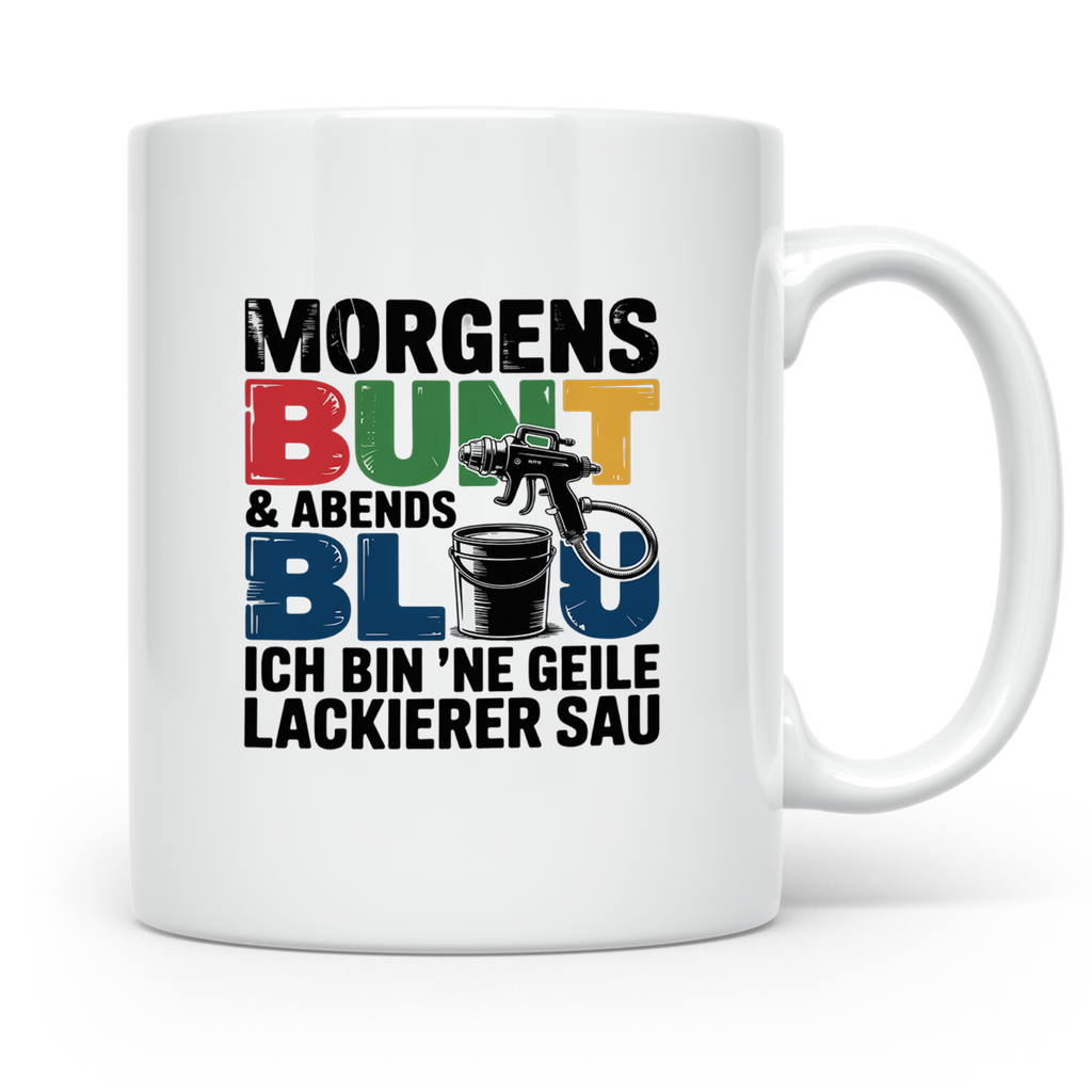 Lackierer Tasse mit Spruch Morgens Bunt Abends Blau, Geschen – Weiß [farbe:weiß]