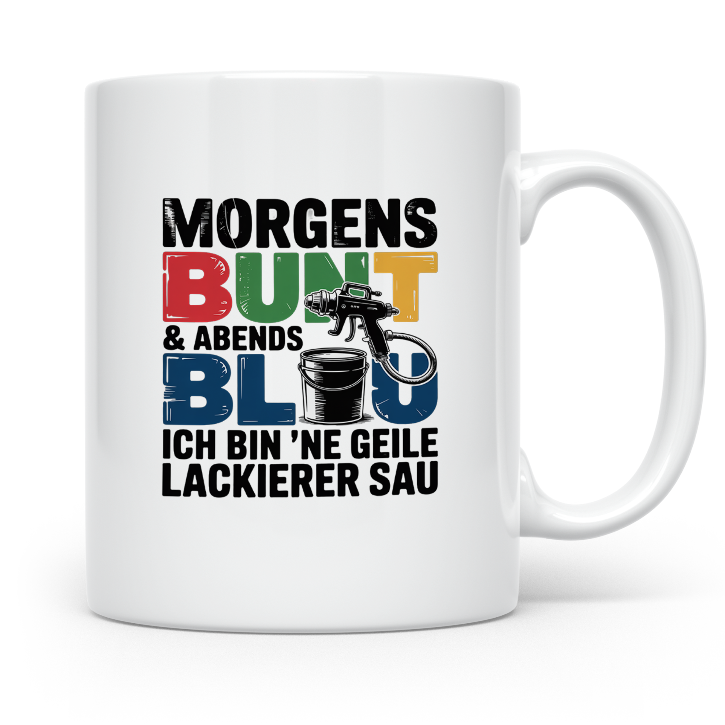 Lackierer Tasse mit Spruch Morgens Bunt Abends Blau, Geschen – Weiß [farbe:weiß]