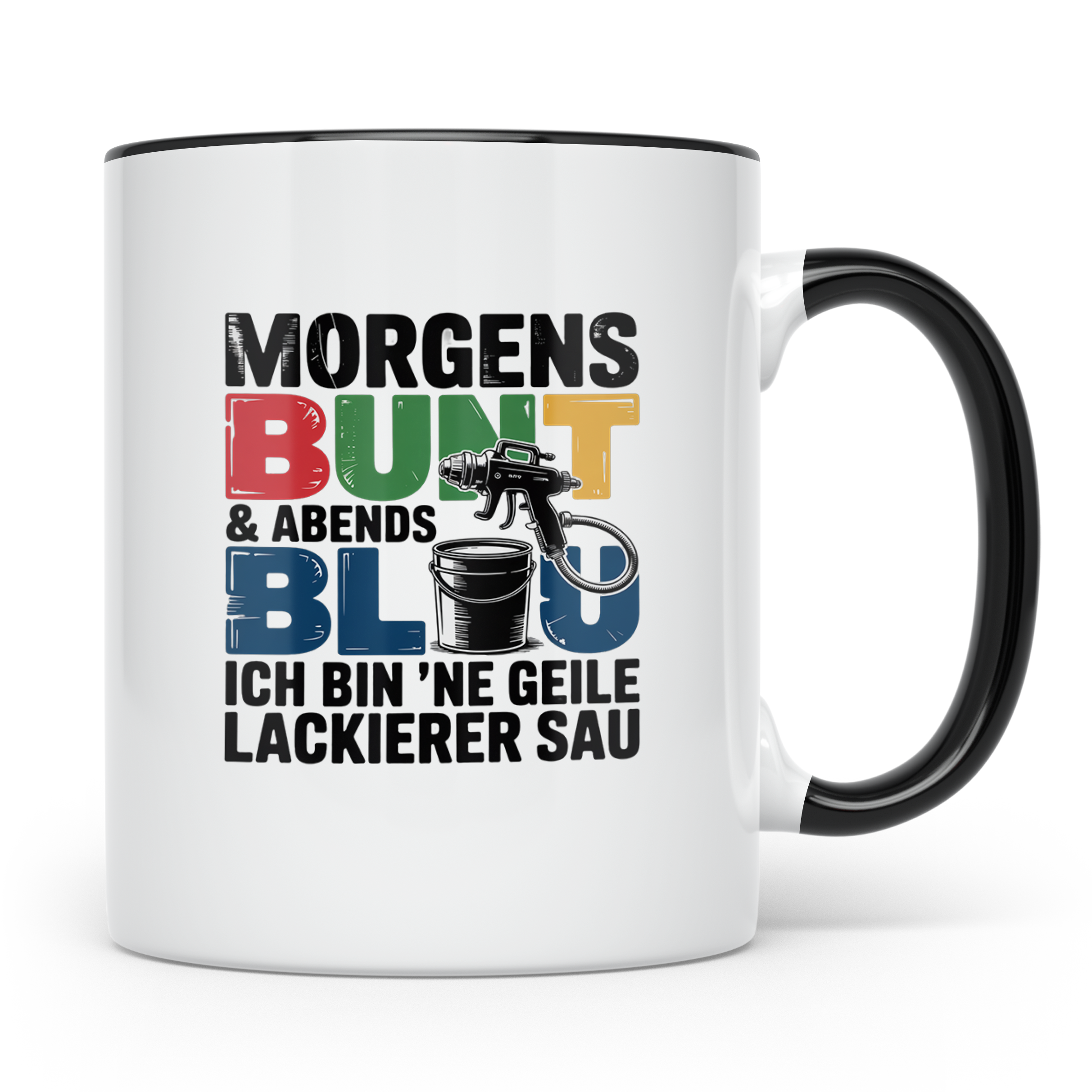Lackierer Tasse mit Spruch Morgens Bunt Abends Blau, Geschen – Schwarz [farbe:schwarz]