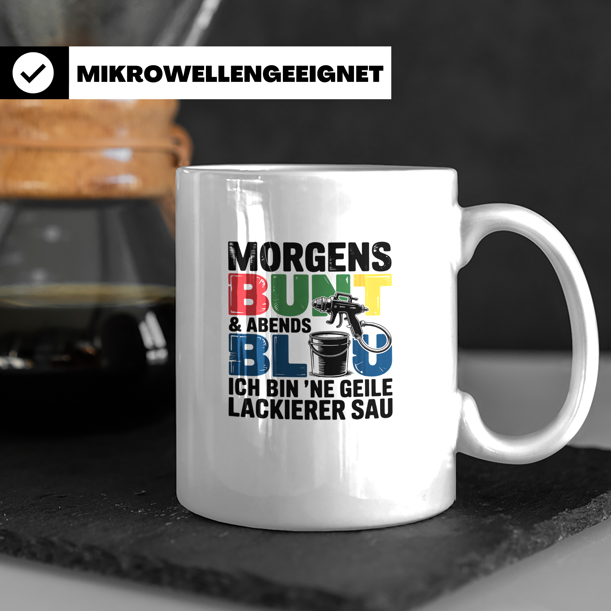 Lackierer Tasse mit Spruch Morgens Bunt Abends Blau, Geschen – Weiß [farbe:weiß]
