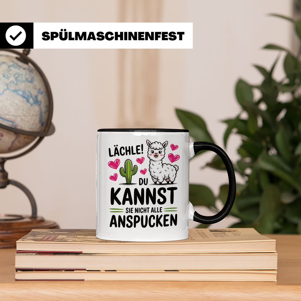 Lama Tasse - Lächle, du kannst sie nicht alle anspucken! Alpaka Humor Geschenkidee - Lustige Sprüche Kaffeetasse für Lama Liebhaber!