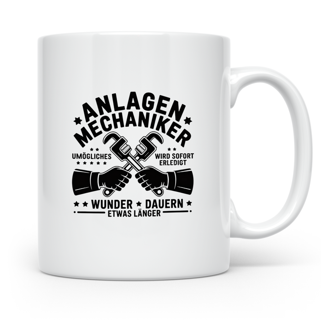 Anlagenmechaniker Tasse mit Spruch Unmögliches erledigt Wund – Weiß [farbe:weiß]