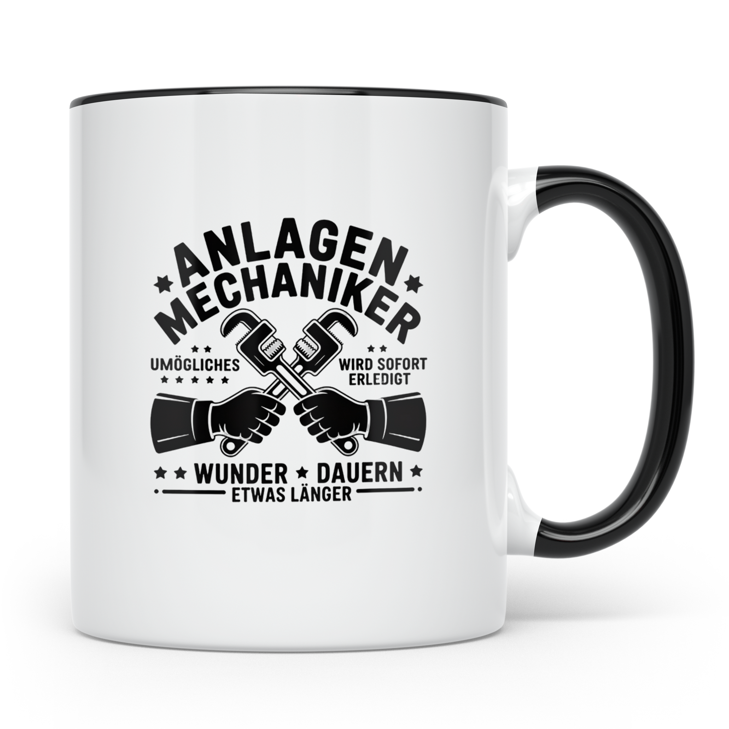 Anlagenmechaniker Tasse mit Spruch Unmögliches erledigt Wund – Schwarz [farbe:schwarz]