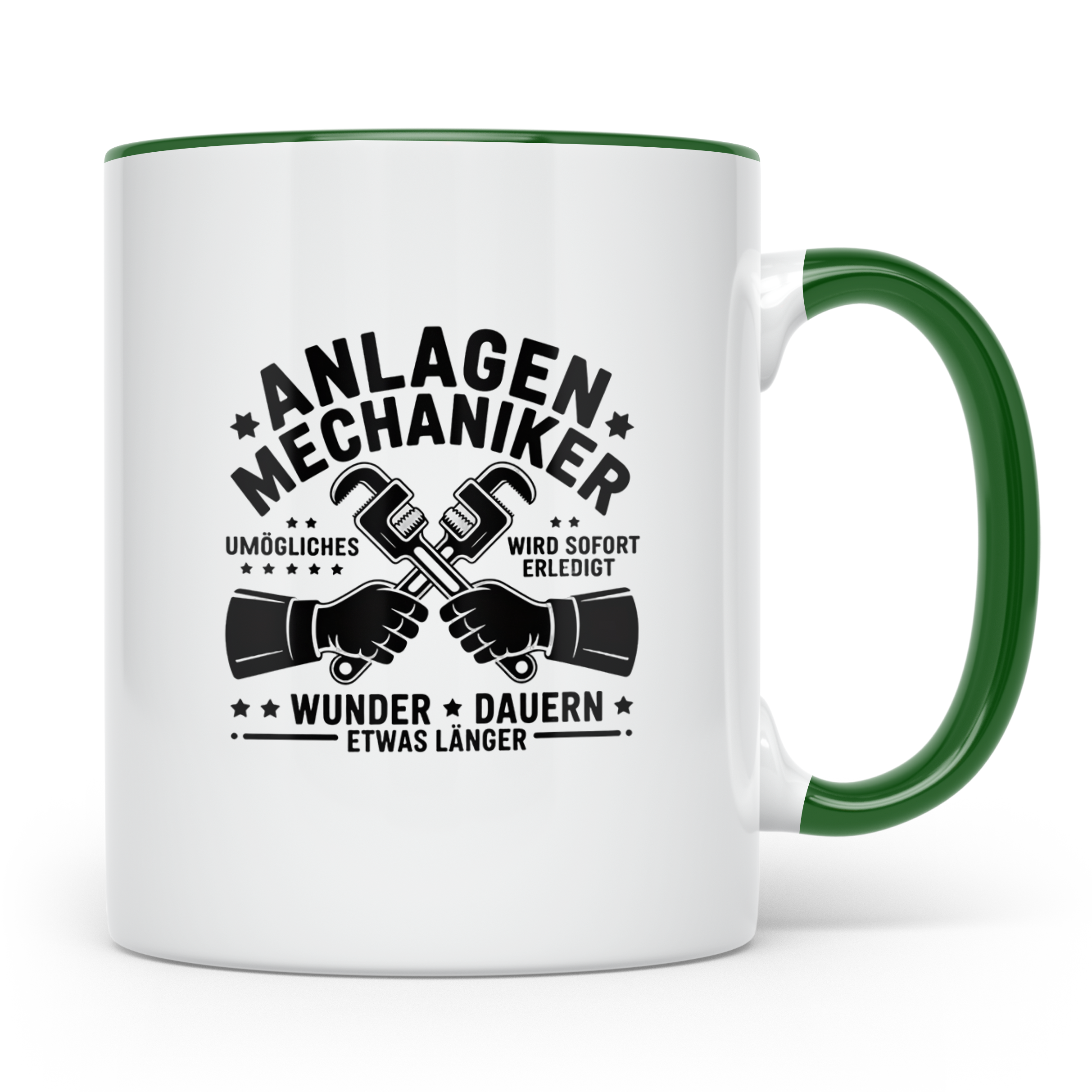 Anlagenmechaniker Tasse mit Spruch Unmögliches erledigt Wund – Grün [farbe:grün]