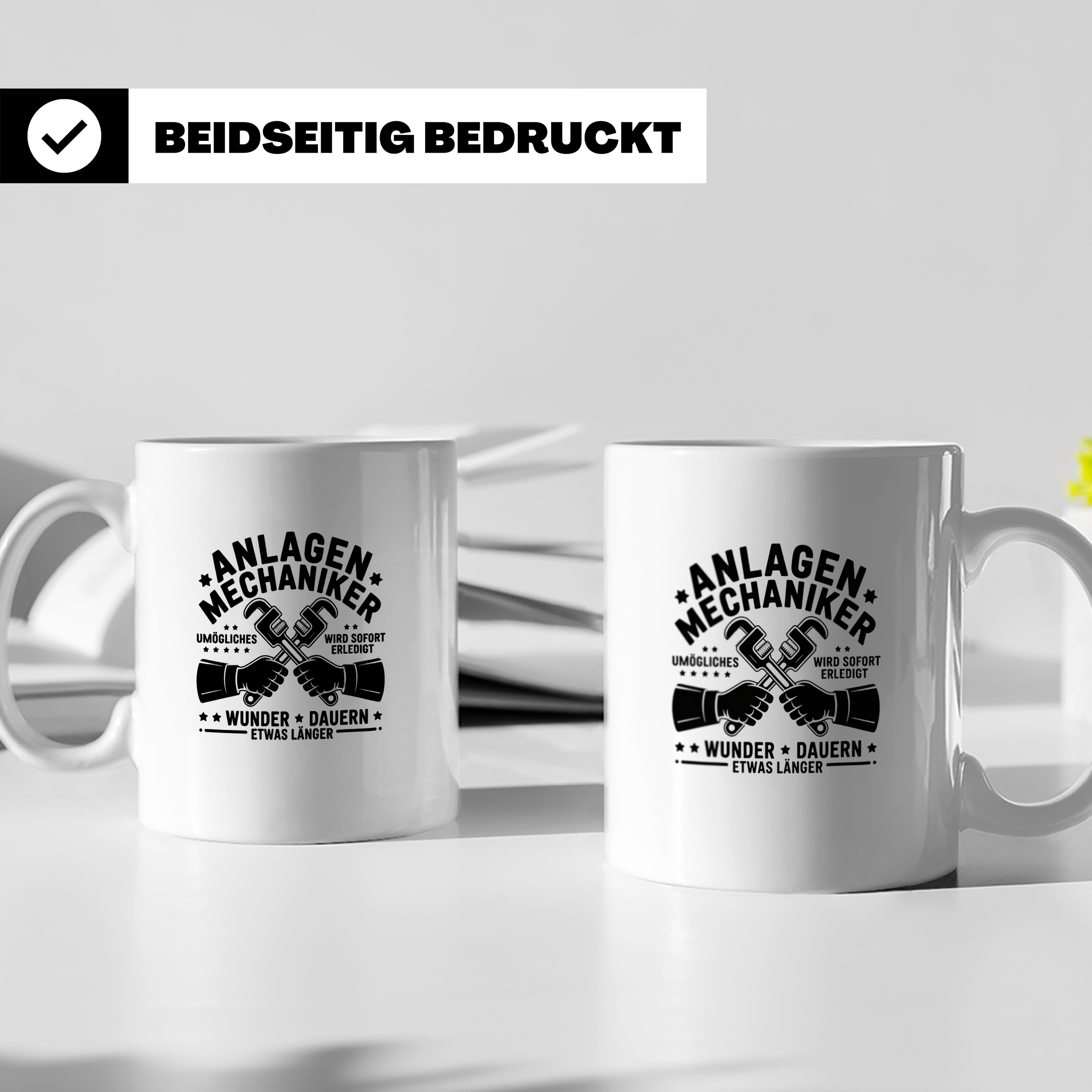 Anlagenmechaniker Tasse mit Spruch Unmögliches erledigt Wund – Weiß [farbe:weiß]
