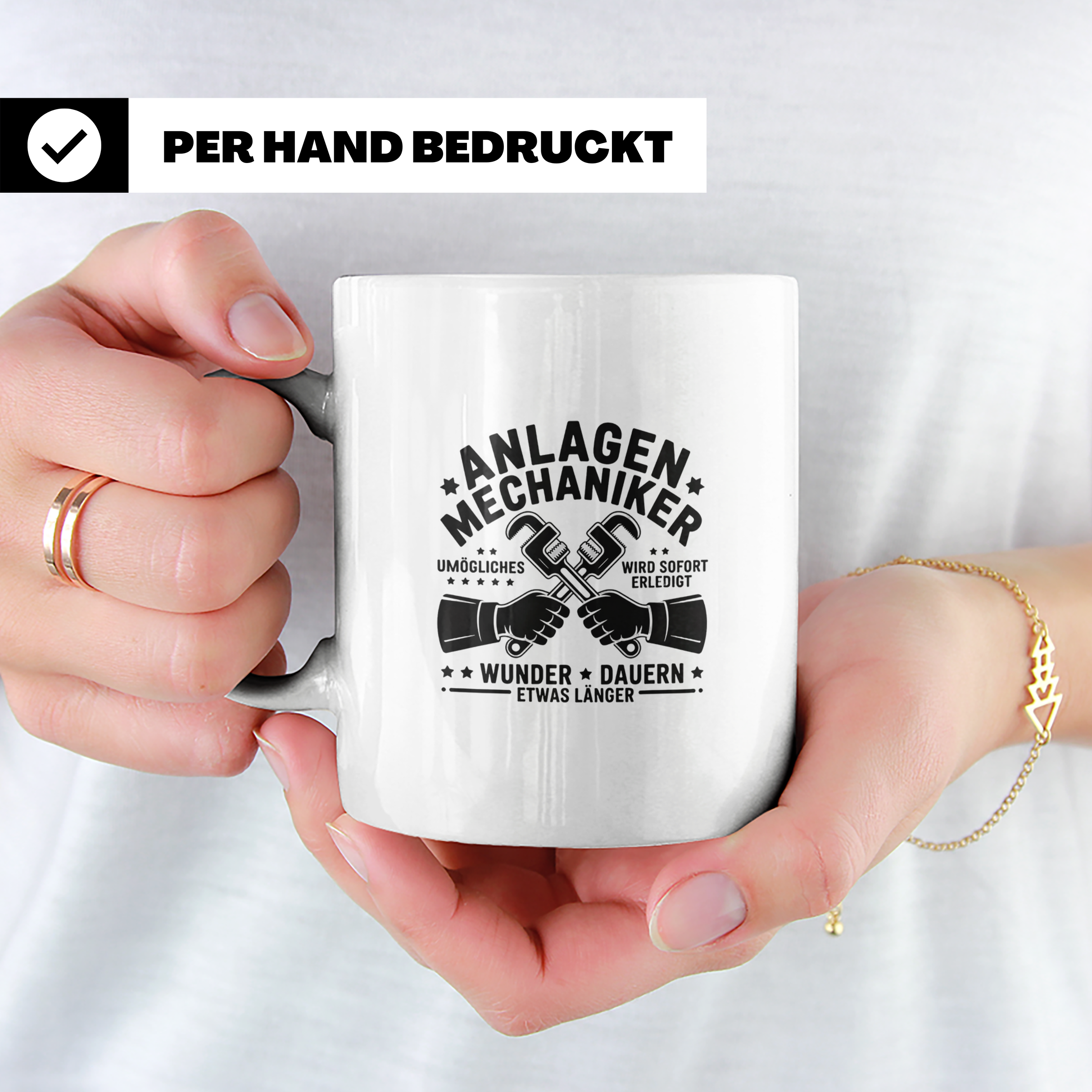Anlagenmechaniker Tasse mit Spruch Unmögliches erledigt Wund – Weiß [farbe:weiß]