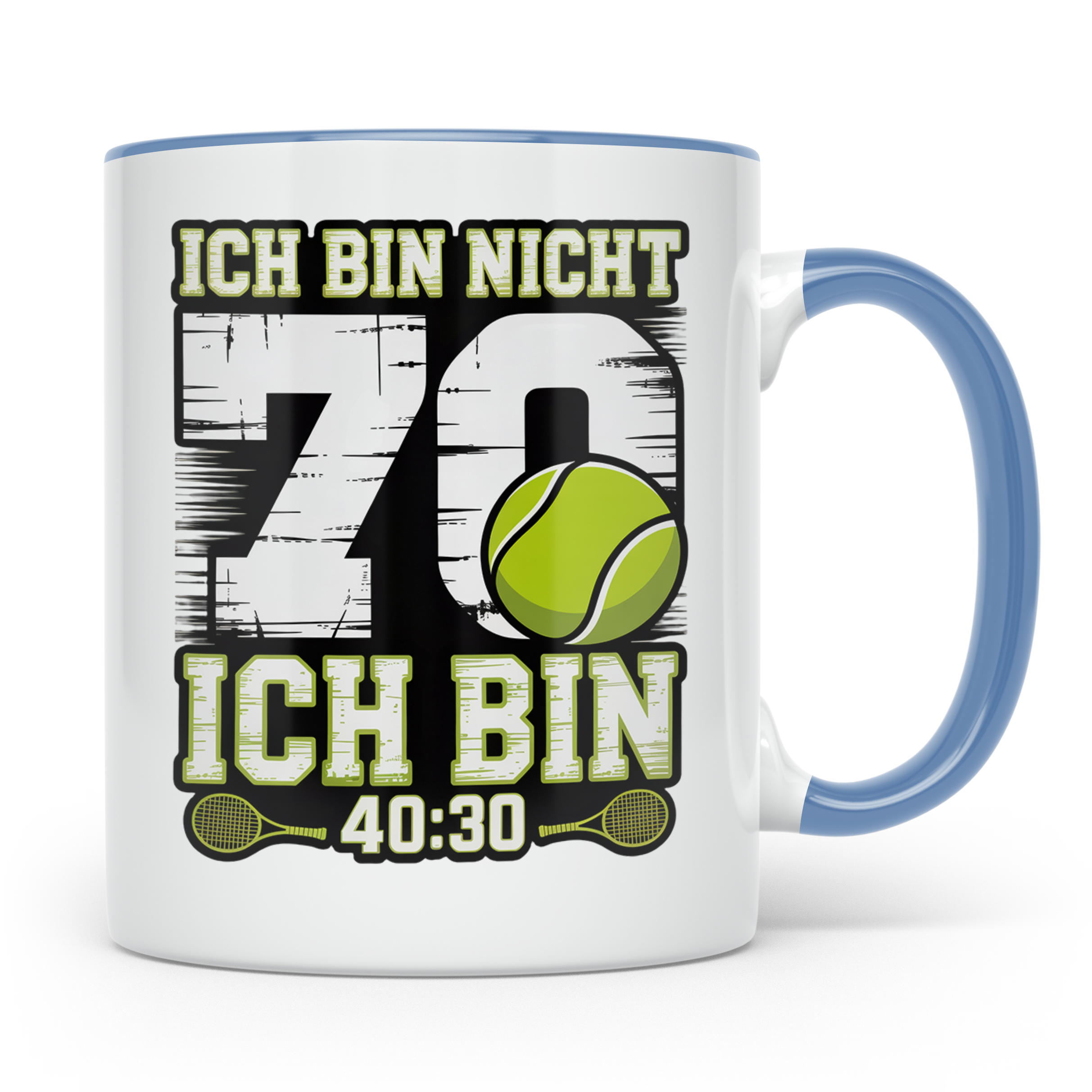 70. Geburtstag Tasse Tennisspieler lustiger Spruch Ich bin 4 – Blau [farbe:blau]