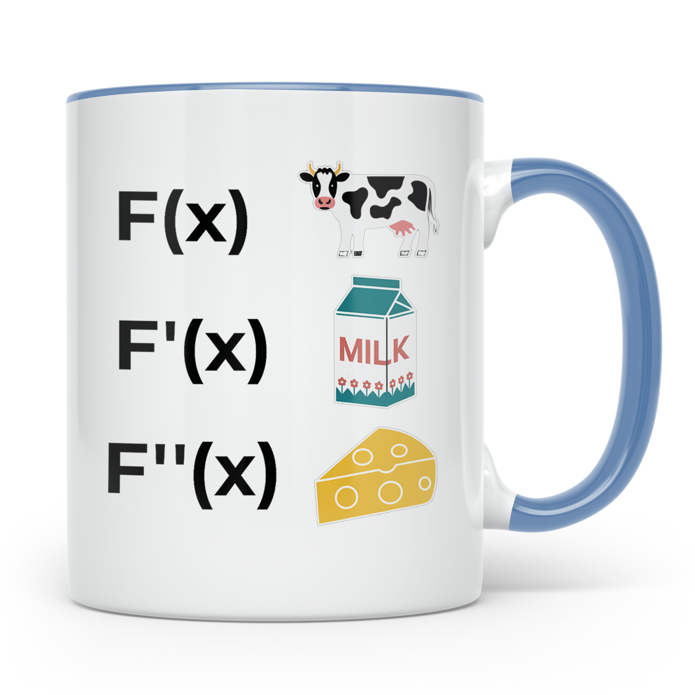 Ableitung Tasse F(x) Kuh, F'(x) Milch, F''(x) Käse, lustiger – Blau [farbe:blau]