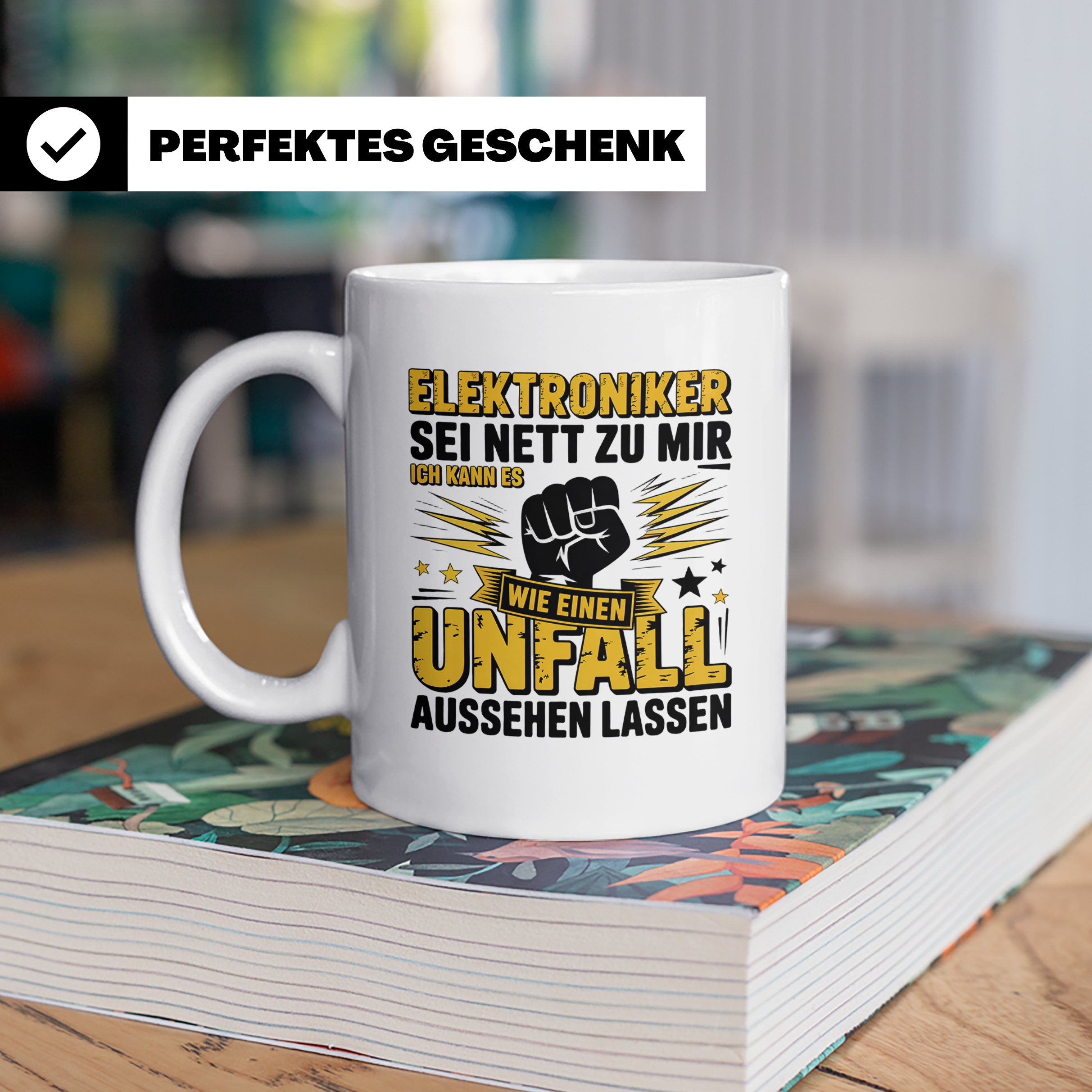 Elektroniker Tasse mit Spruch Unfall aussehen lassen, Gesche – Weiß [farbe:weiß]