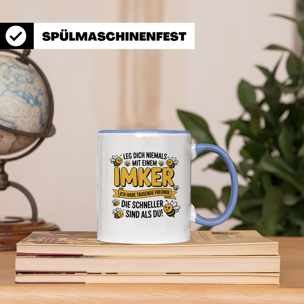 Imker Tasse mit Spruch Leg Dich niemals an | Geschenk für Bi – Blau [farbe:blau]