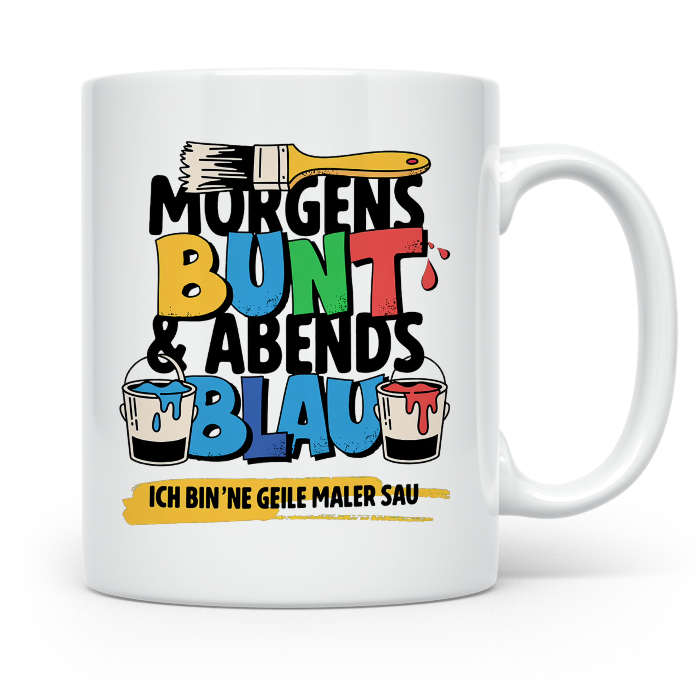 Maler Tasse mit Spruch Morgens Bunt Abends Blau, Geschenk fü – Weiß [farbe:weiß]