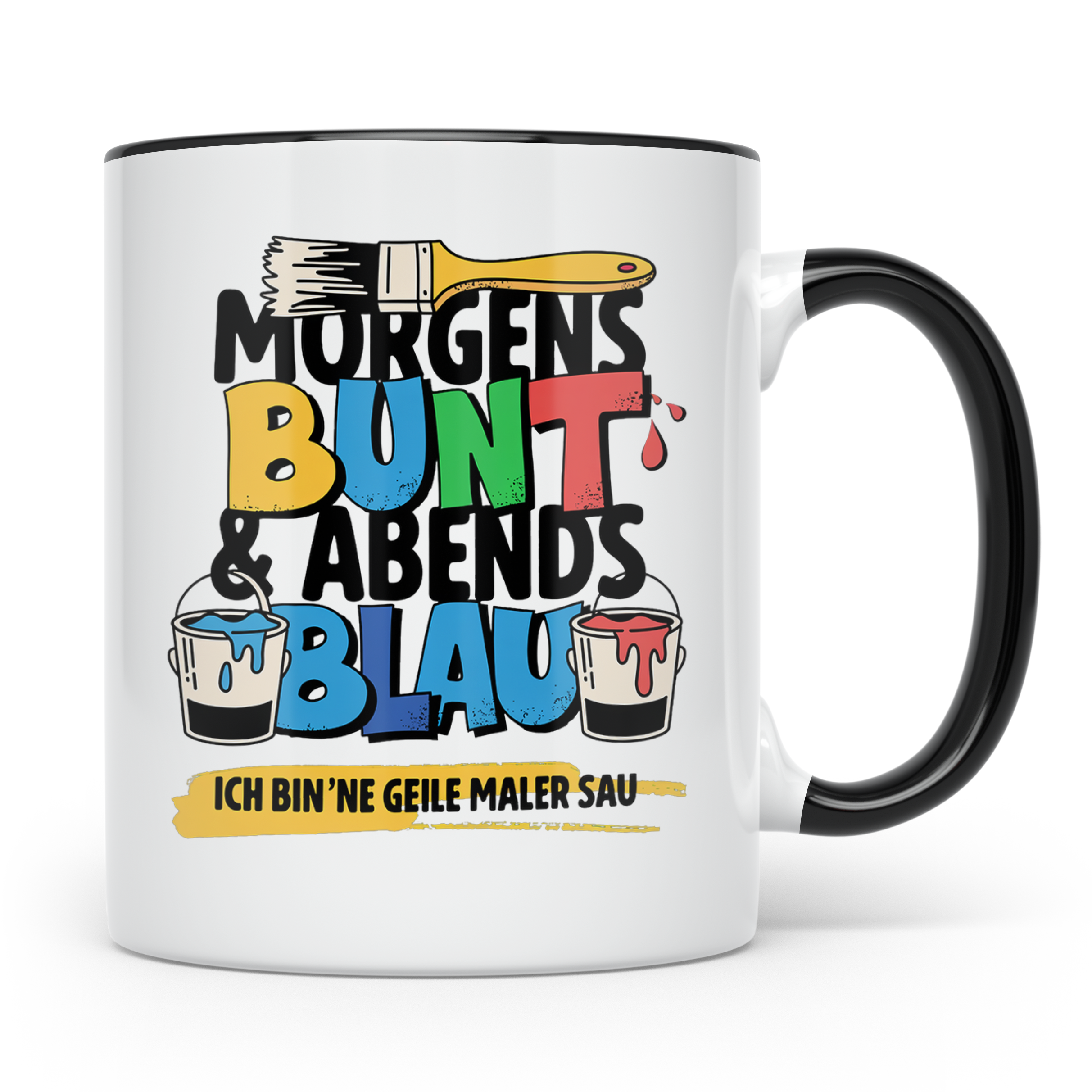 Maler Tasse mit Spruch Morgens Bunt Abends Blau, Geschenk fü – Schwarz [farbe:schwarz]