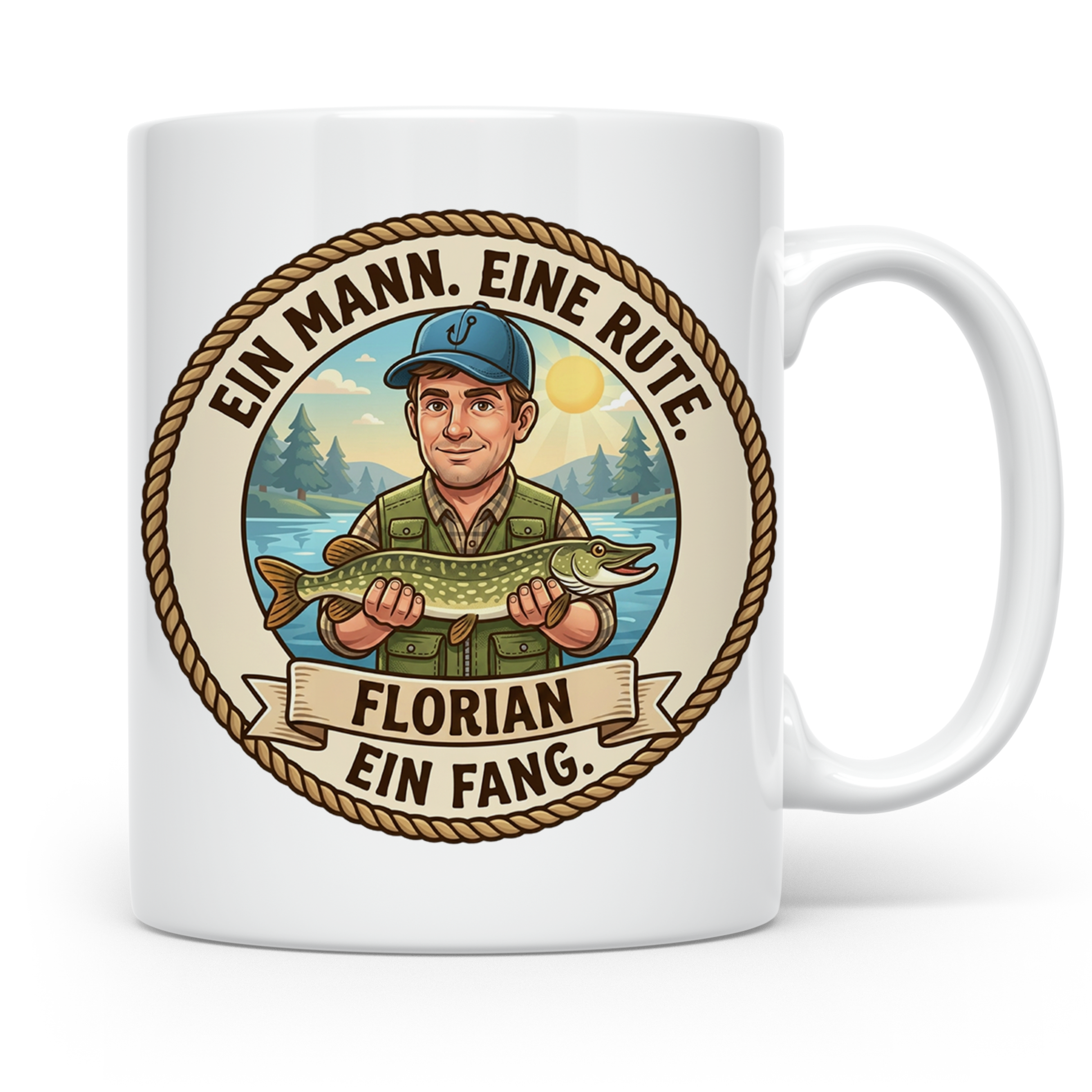 Personalisierte Angler Tasse mit Foto und Namen Ein Mann Eine Rute Ein Fang