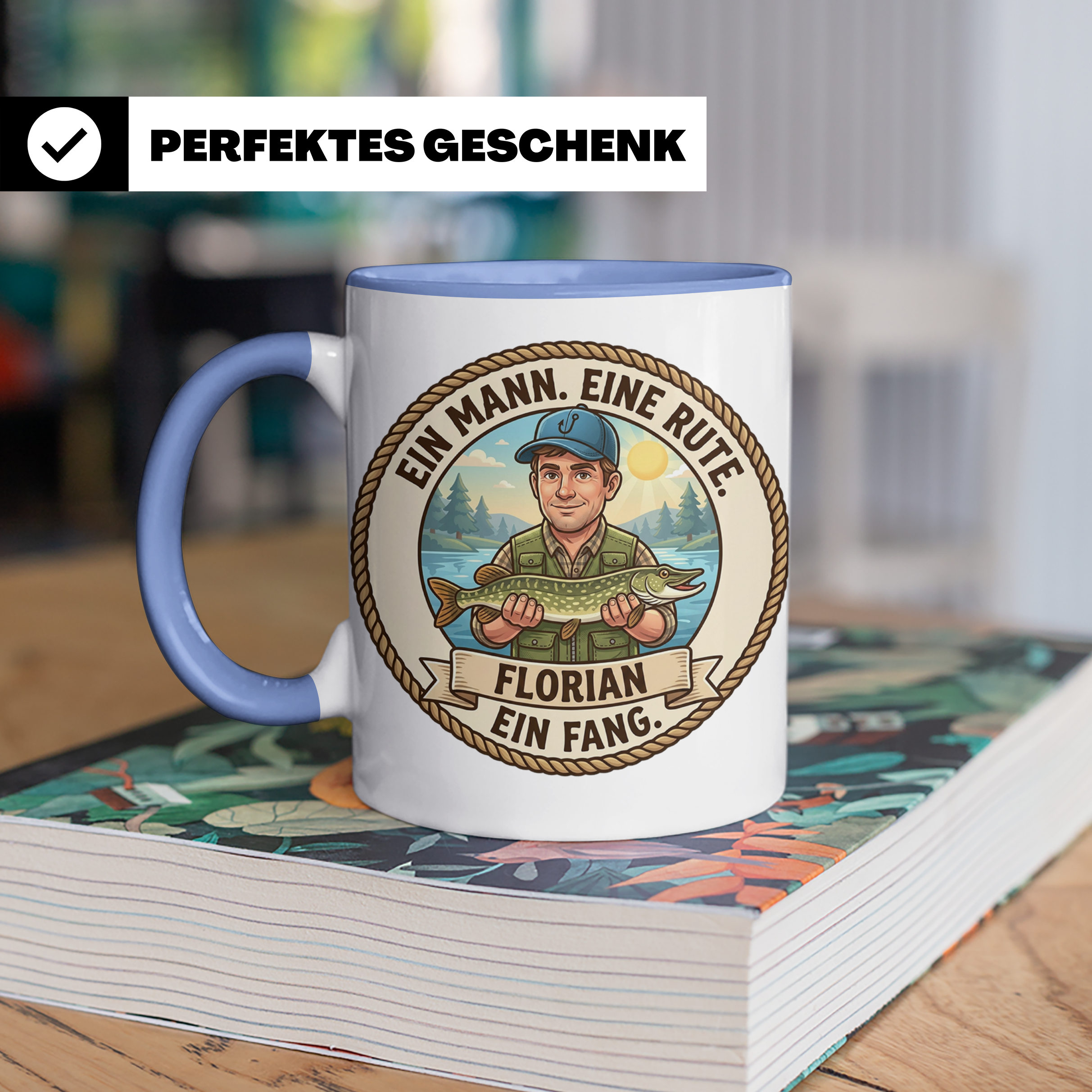 Lustige Angler Tasse personalisiert mit Gesicht Ein Mann Eine Rute Geschenk