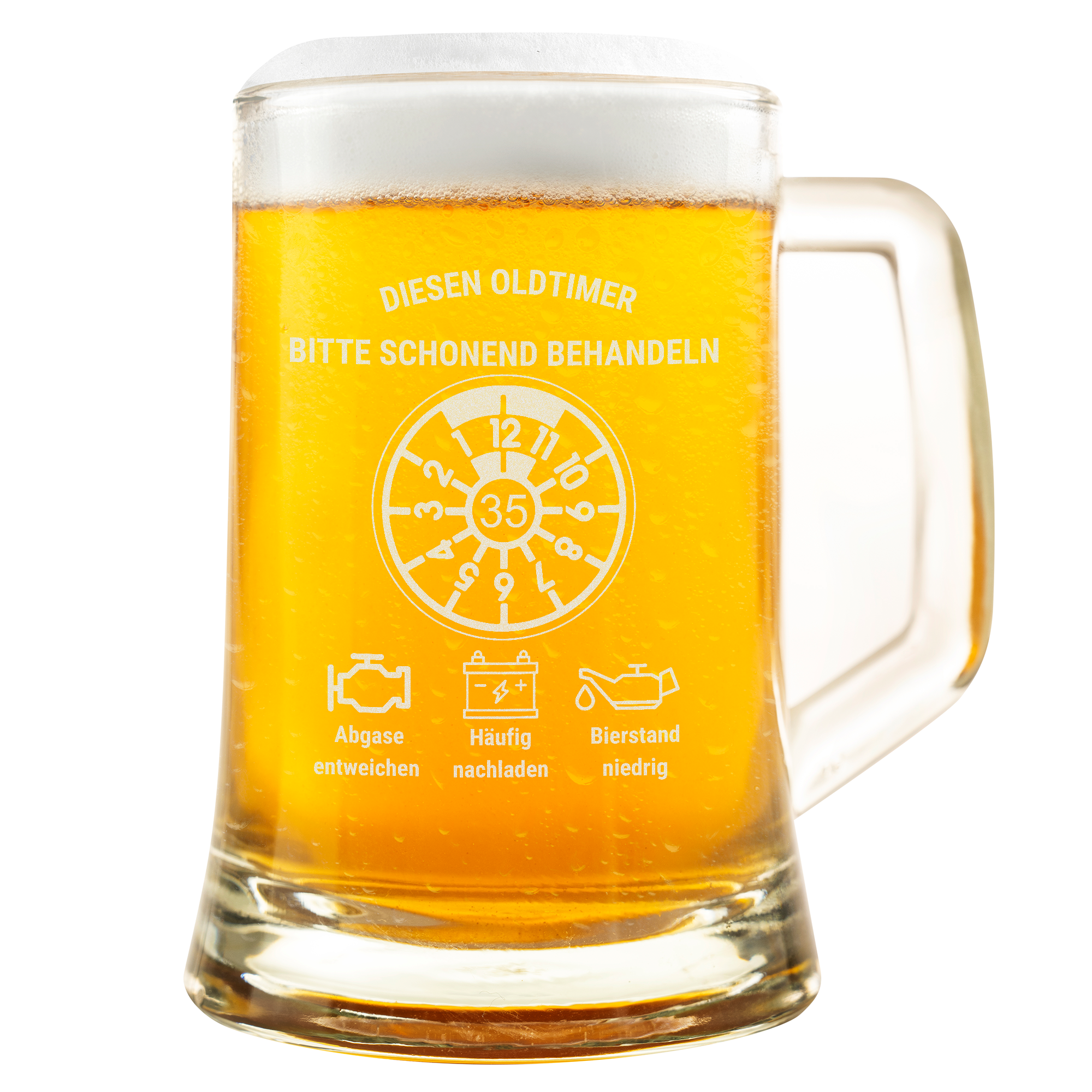 Personalisiertere Geschenkidee Bierkrug Glas mit Gravur – Oldtimer Motiv, witziges Geschenk Geburtstag, Männergeschenk, Geschenkidee für Kollegen & Freunde