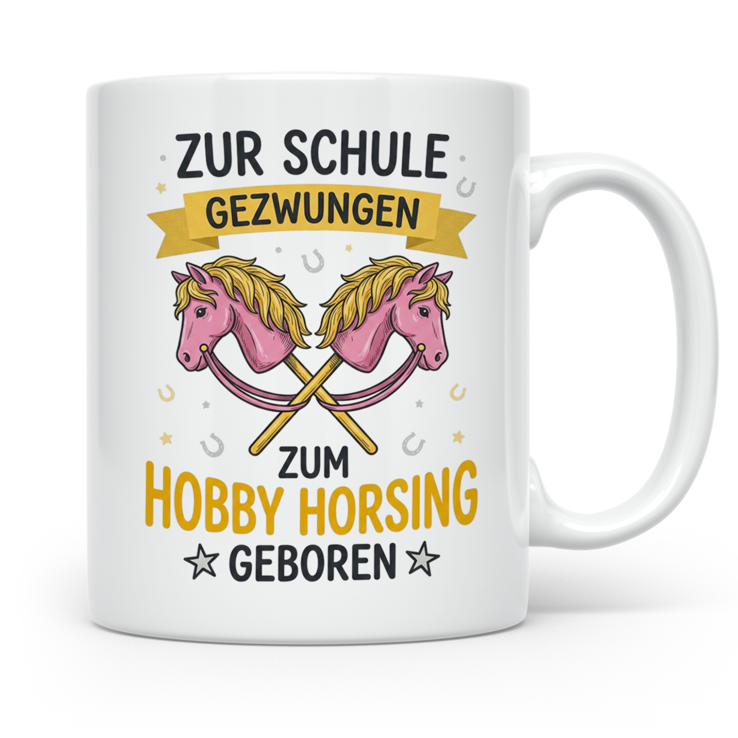Hobby Horsing Tasse mit Spruch Zur Schule gezwungen. Geschen – Weiß [farbe:weiß]
