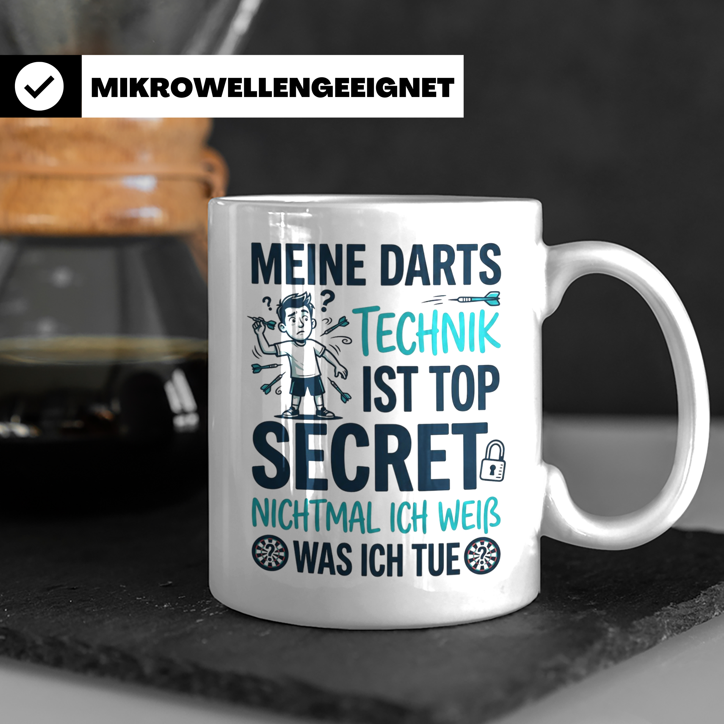 Darts Tasse mit Spruch Meine Technik Top Secret lustig für D – Weiß [farbe:weiß]