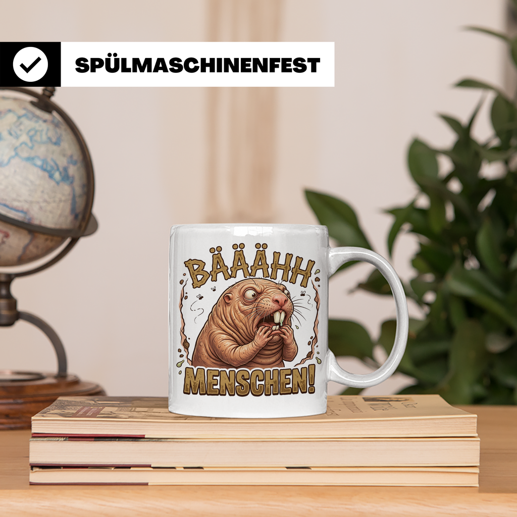 Nacktmull Tasse Bäh Menschen, Lustiger Kaffeebecher für Morg – Weiß [farbe:weiß]