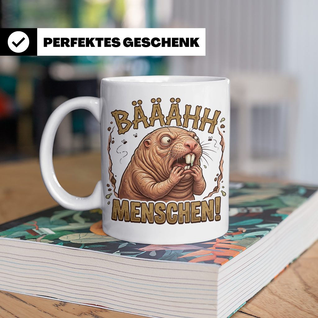 Nacktmull Tasse Bäh Menschen, Lustiger Kaffeebecher für Morg – Weiß [farbe:weiß]