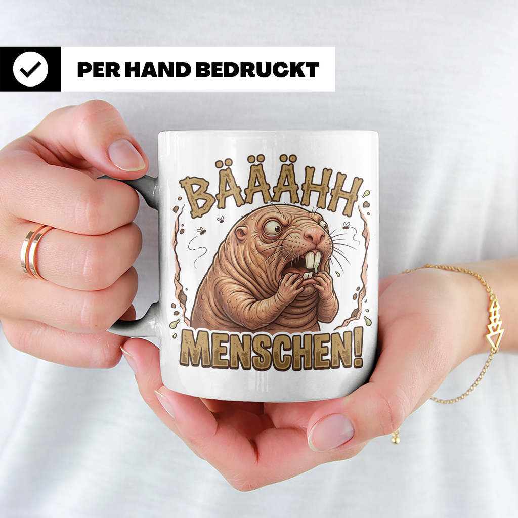 Nacktmull Tasse Bäh Menschen, Lustiger Kaffeebecher für Morg – Weiß [farbe:weiß]