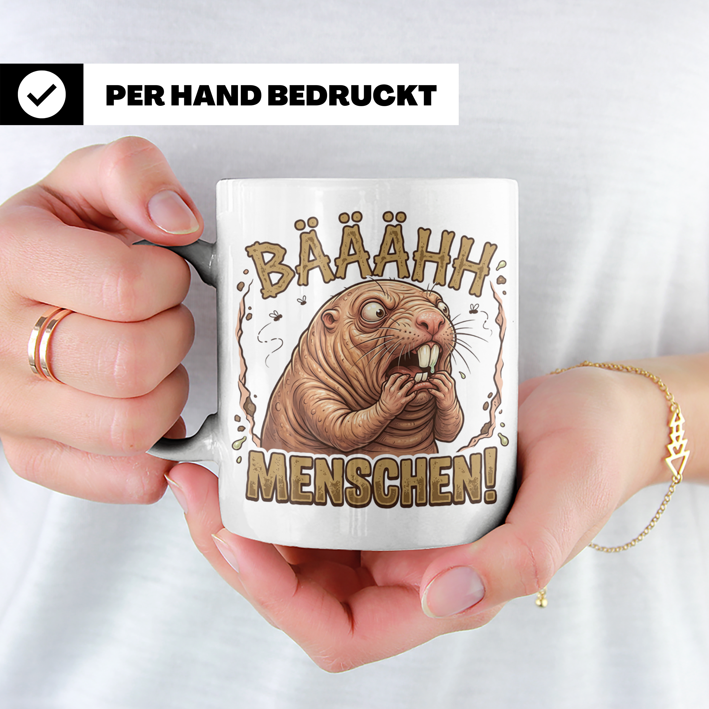 Nacktmull Tasse Bäh Menschen, Lustiger Kaffeebecher für Morg – Weiß [farbe:weiß]