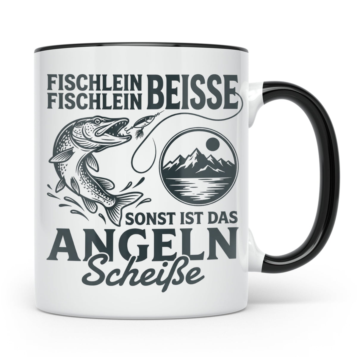 Angler Tasse Hecht Spruch Fischlein Beisse, Lustige Kaffeeta – Schwarz [farbe:schwarz]