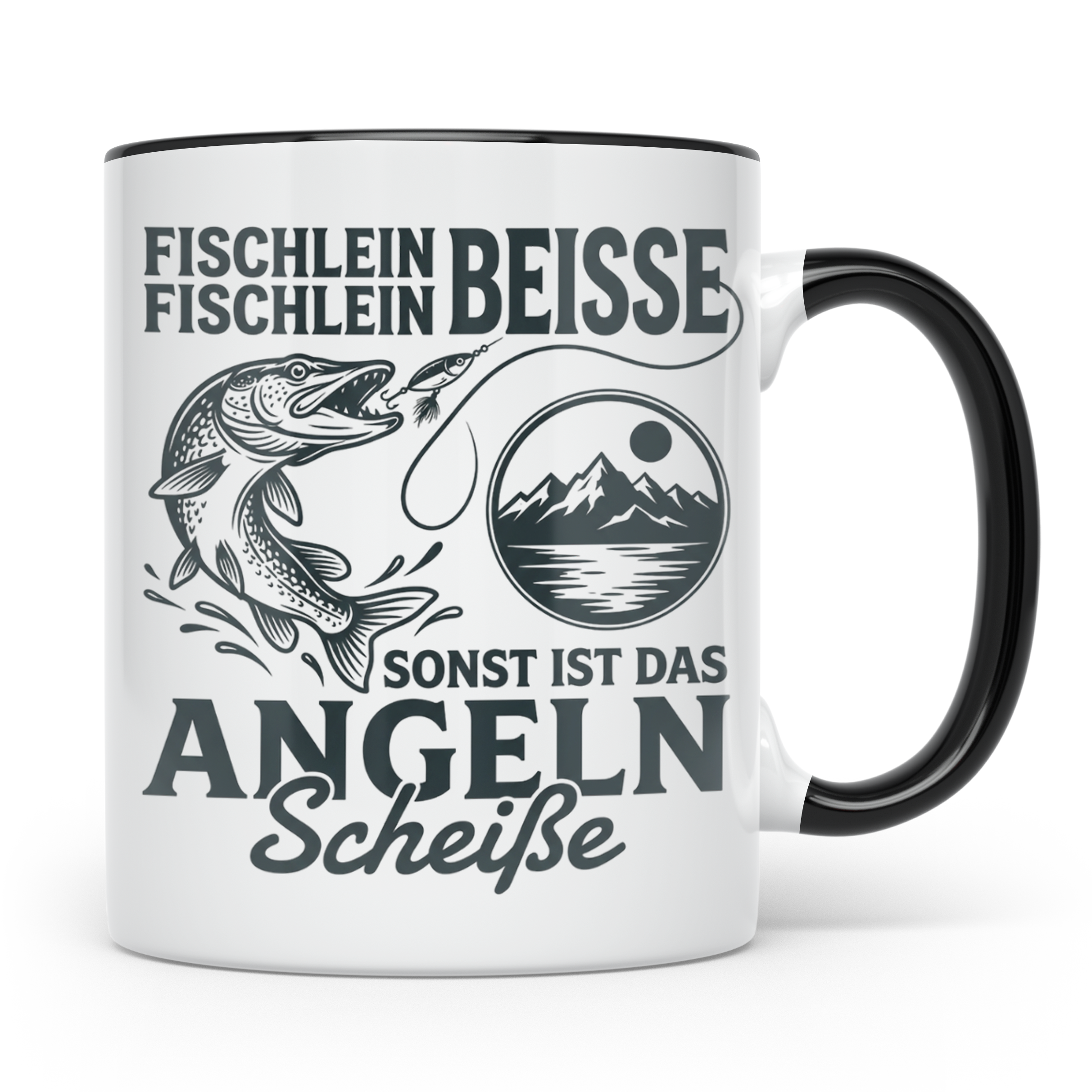 Angler Tasse Hecht Spruch Fischlein Beisse, Lustige Kaffeeta – Schwarz [farbe:schwarz]