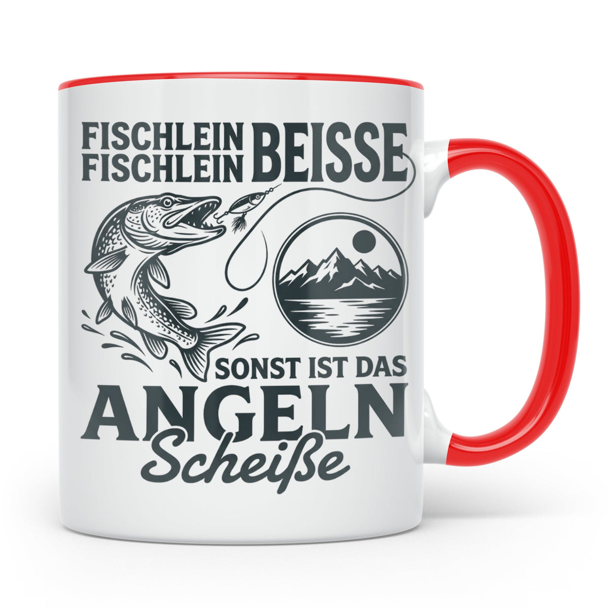 Angler Tasse Hecht Spruch Fischlein Beisse, Lustige Kaffeeta – Rot [farbe:rot]
