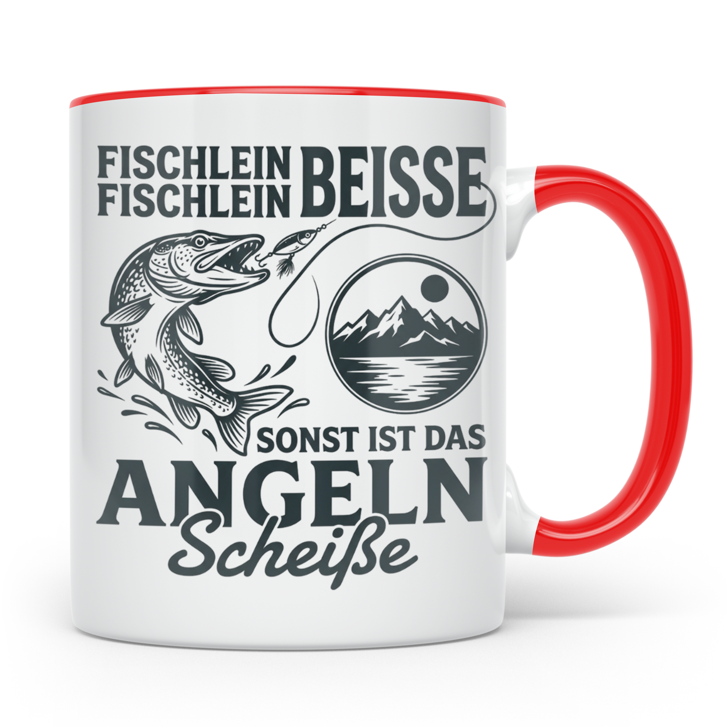 Angler Tasse Hecht Spruch Fischlein Beisse, Lustige Kaffeeta – Rot [farbe:rot]