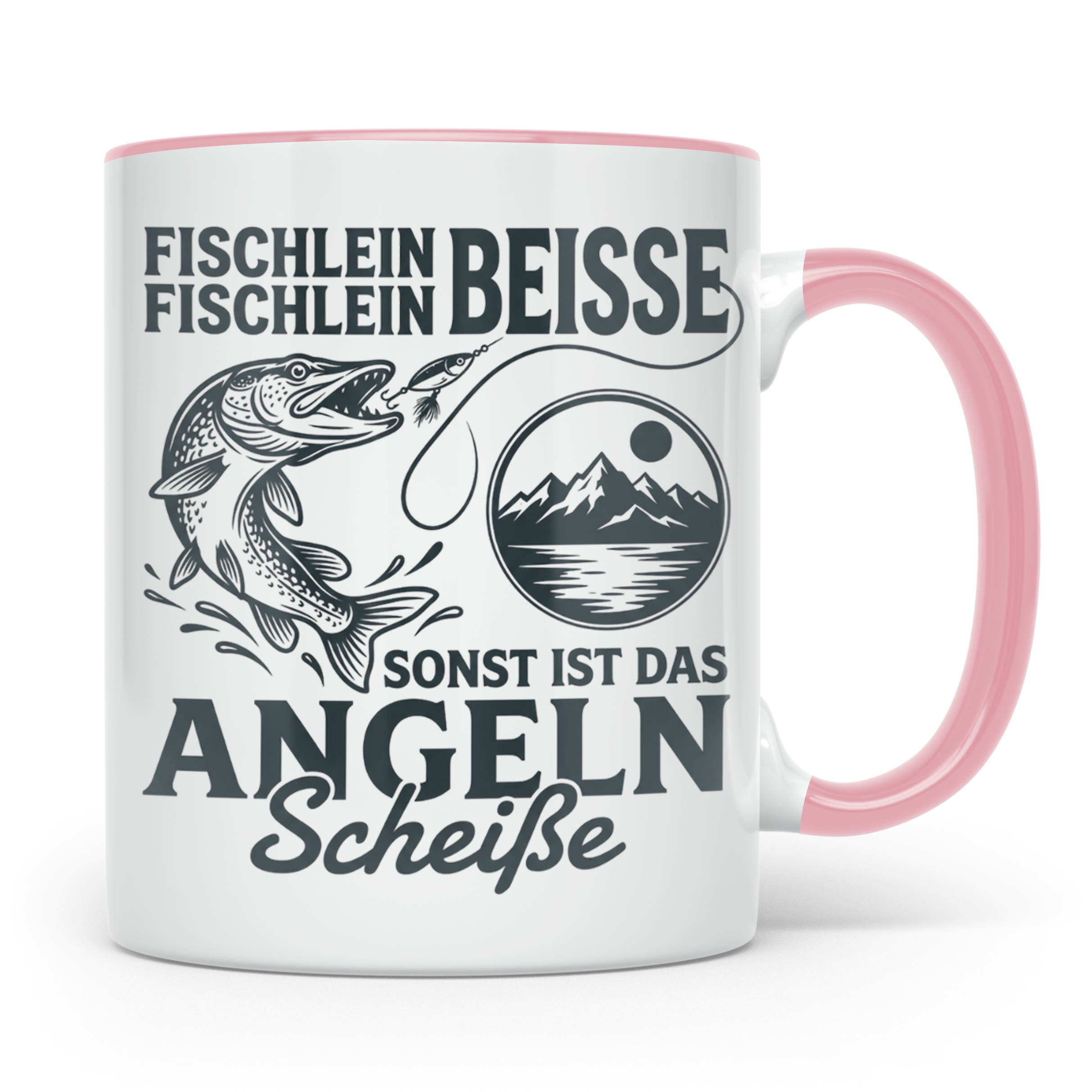 Angler Tasse Hecht Spruch Fischlein Beisse, Lustige Kaffeeta – Rosa [farbe:rosa]