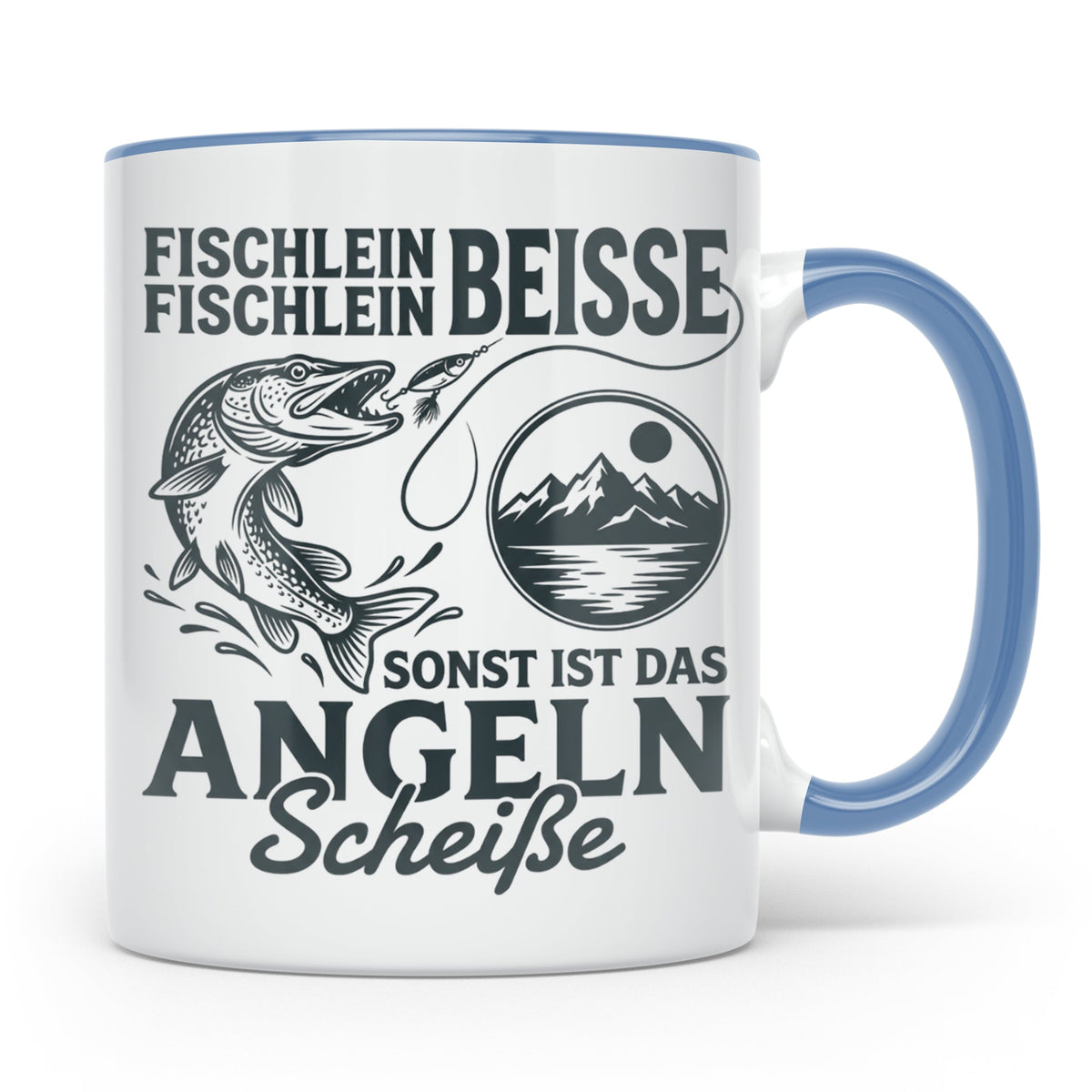 Angler Tasse Hecht Spruch Fischlein Beisse, Lustige Kaffeeta – Blau [farbe:blau]