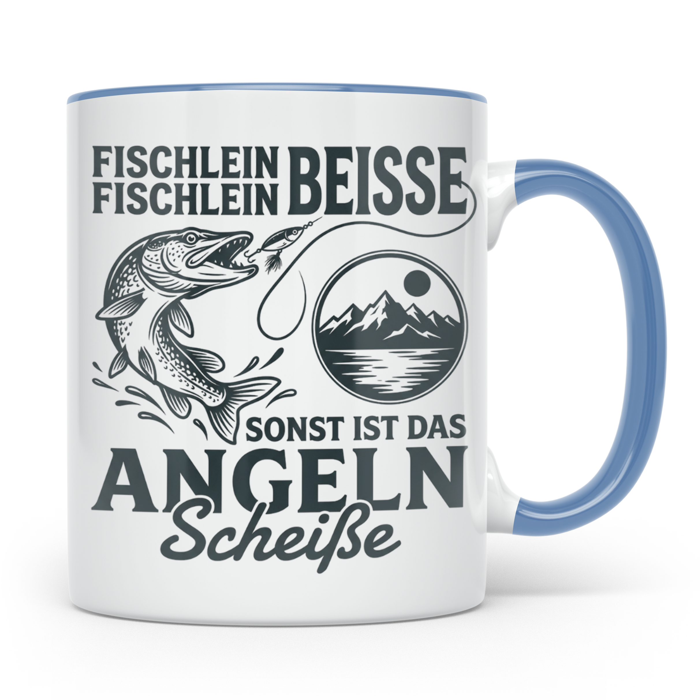 Angler Tasse Hecht Spruch Fischlein Beisse, Lustige Kaffeeta – Blau [farbe:blau]