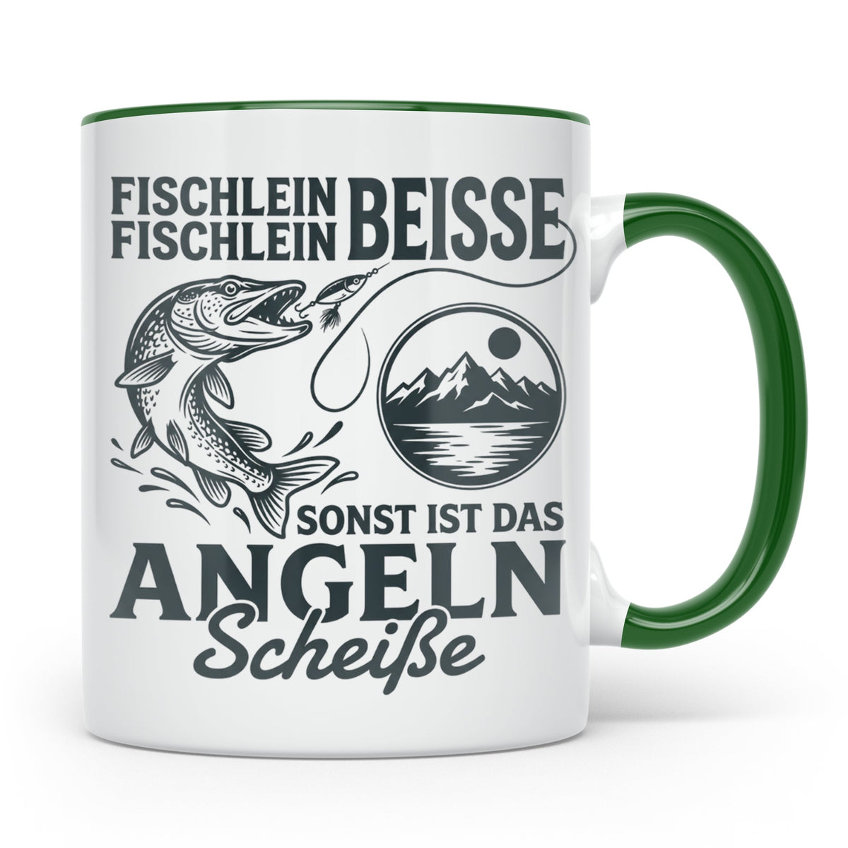 Angler Tasse Hecht Spruch Fischlein Beisse, Lustige Kaffeeta – Grün [farbe:grün]