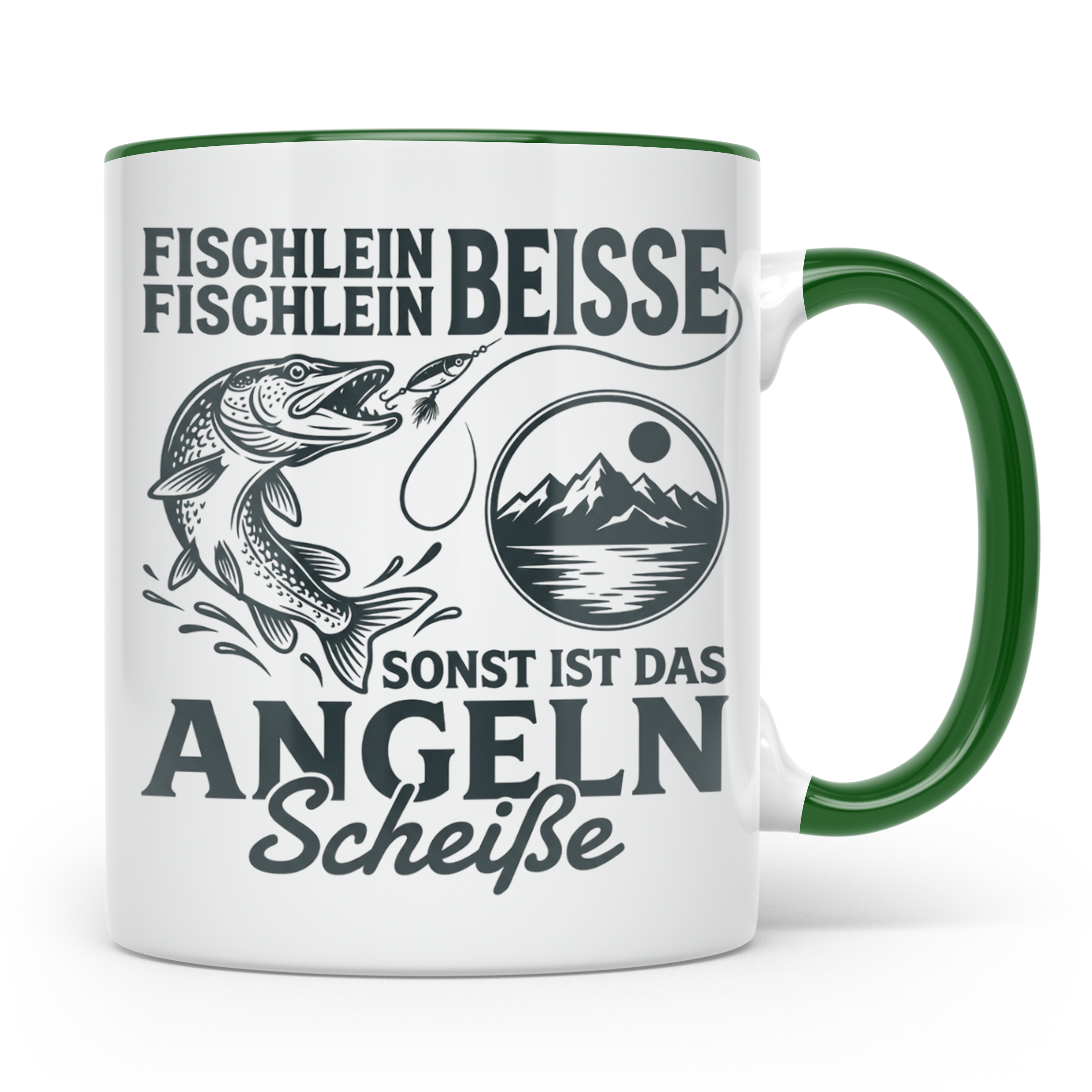 Angler Tasse Hecht Spruch Fischlein Beisse, Lustige Kaffeeta – Grün [farbe:grün]