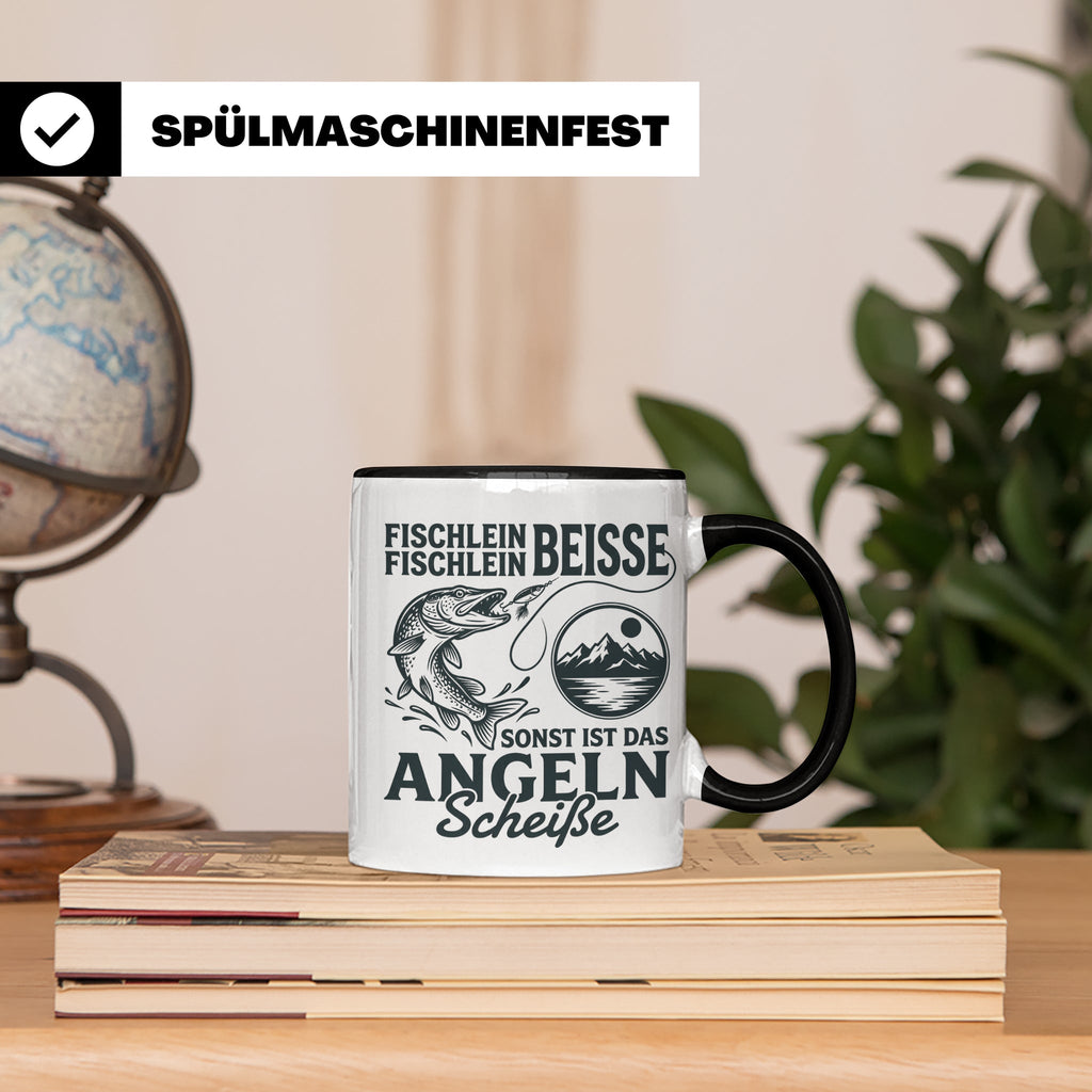 Angler Tasse Hecht Spruch Fischlein Beisse, Lustige Kaffeeta – Schwarz [farbe:schwarz]