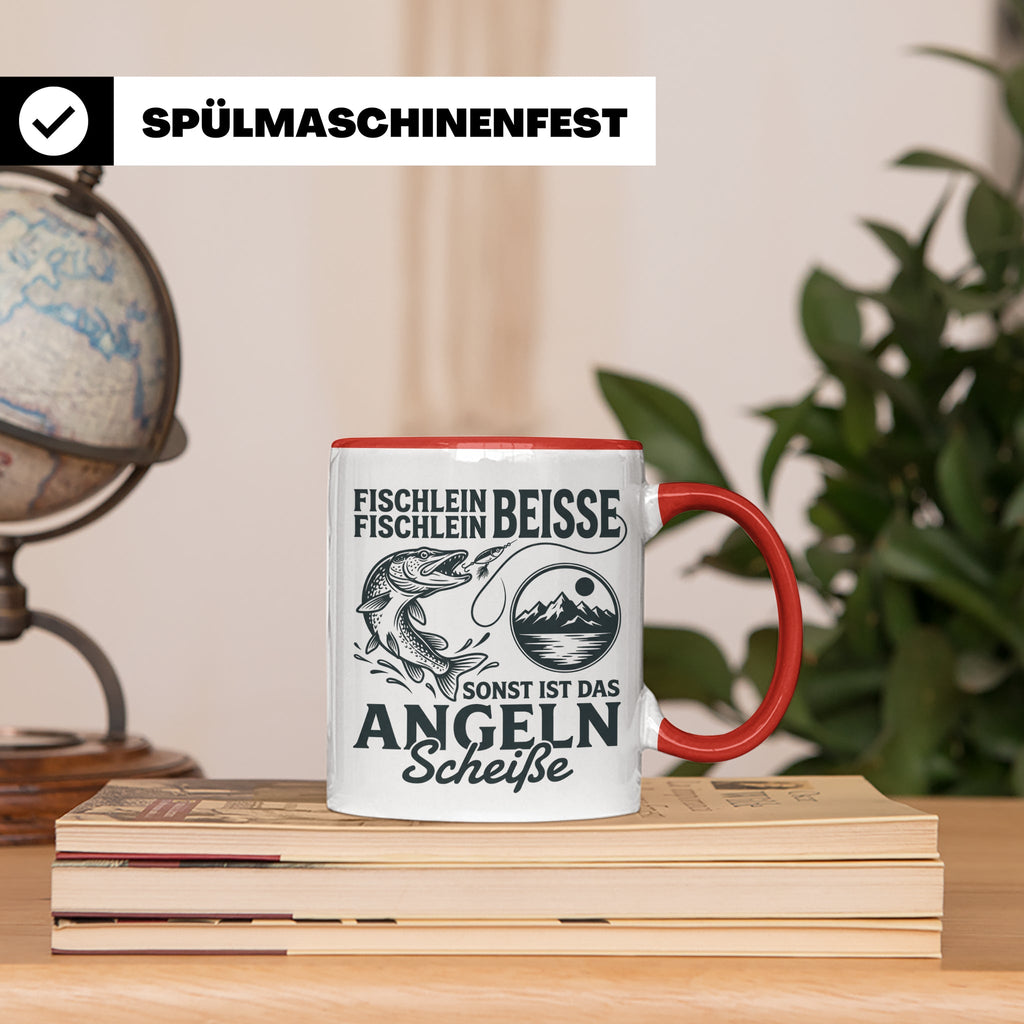 Angler Tasse Hecht Spruch Fischlein Beisse, Lustige Kaffeeta – Rot [farbe:rot]