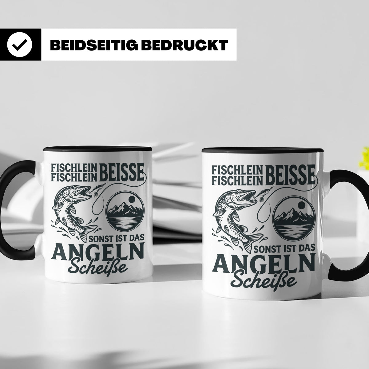 Angler Tasse Hecht Spruch Fischlein Beisse, Lustige Kaffeeta – Schwarz [farbe:schwarz]