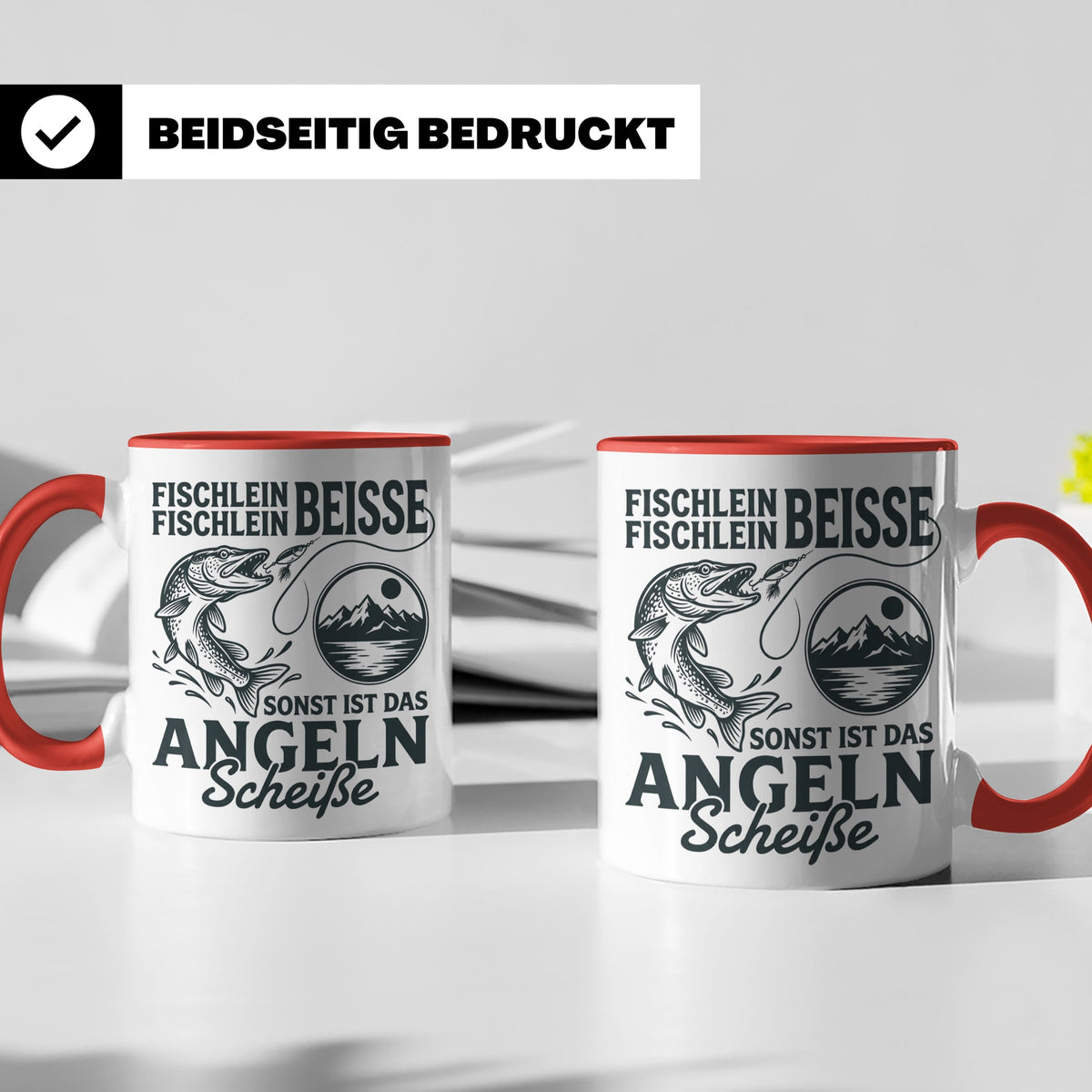 Angler Tasse Hecht Spruch Fischlein Beisse, Lustige Kaffeeta – Rot [farbe:rot]