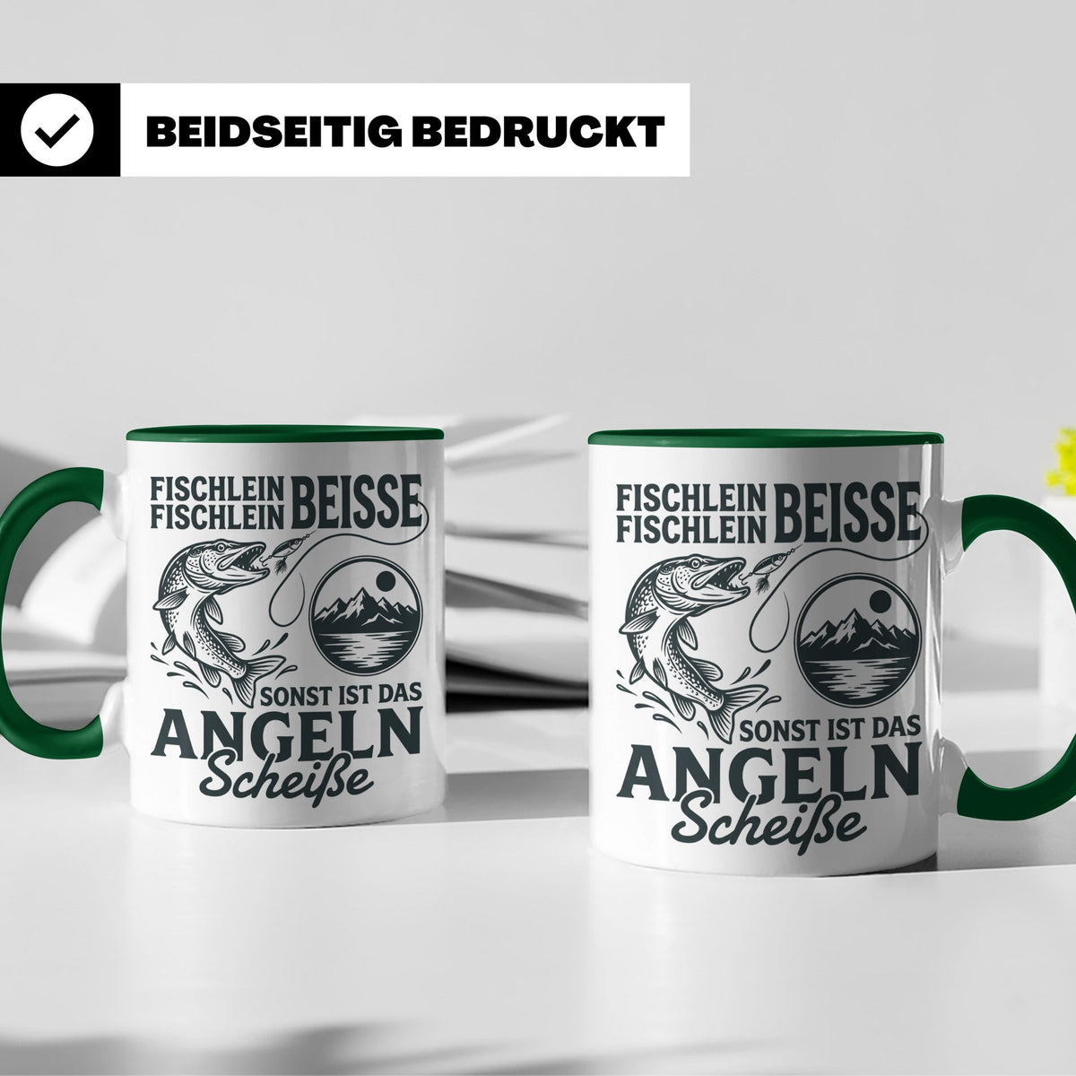 Angler Tasse Hecht Spruch Fischlein Beisse, Lustige Kaffeeta – Grün [farbe:grün]