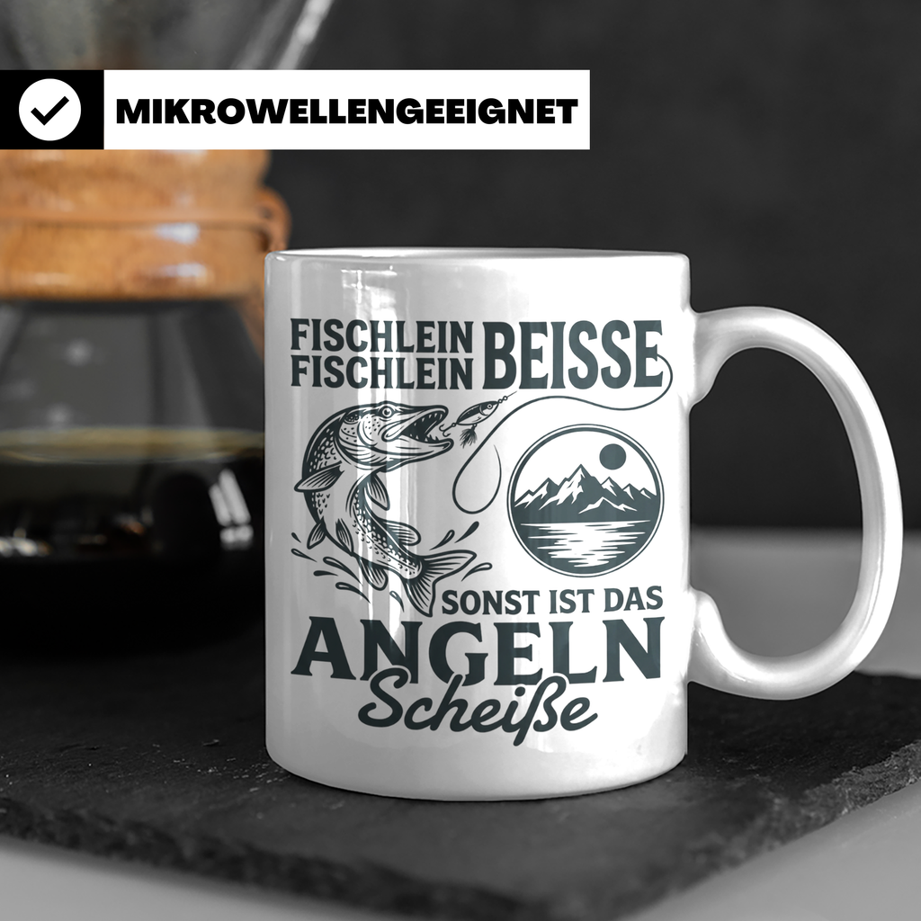 Angler Tasse Hecht Spruch Fischlein Beisse, Lustige Kaffeeta – Weiß [farbe:weiß]