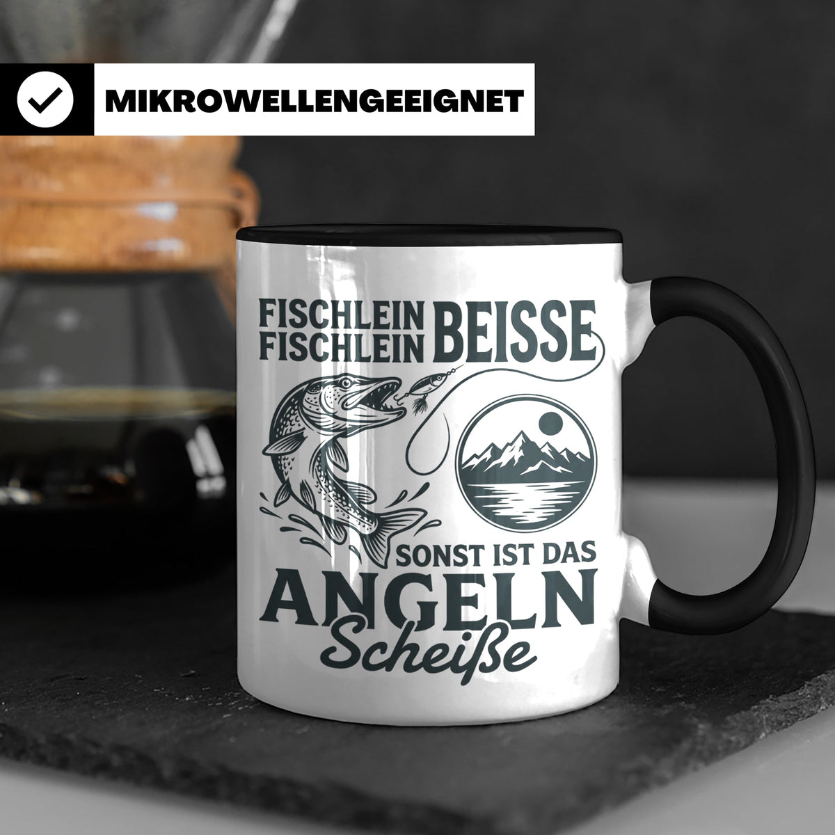 Angler Tasse Hecht Spruch Fischlein Beisse, Lustige Kaffeeta – Schwarz [farbe:schwarz]