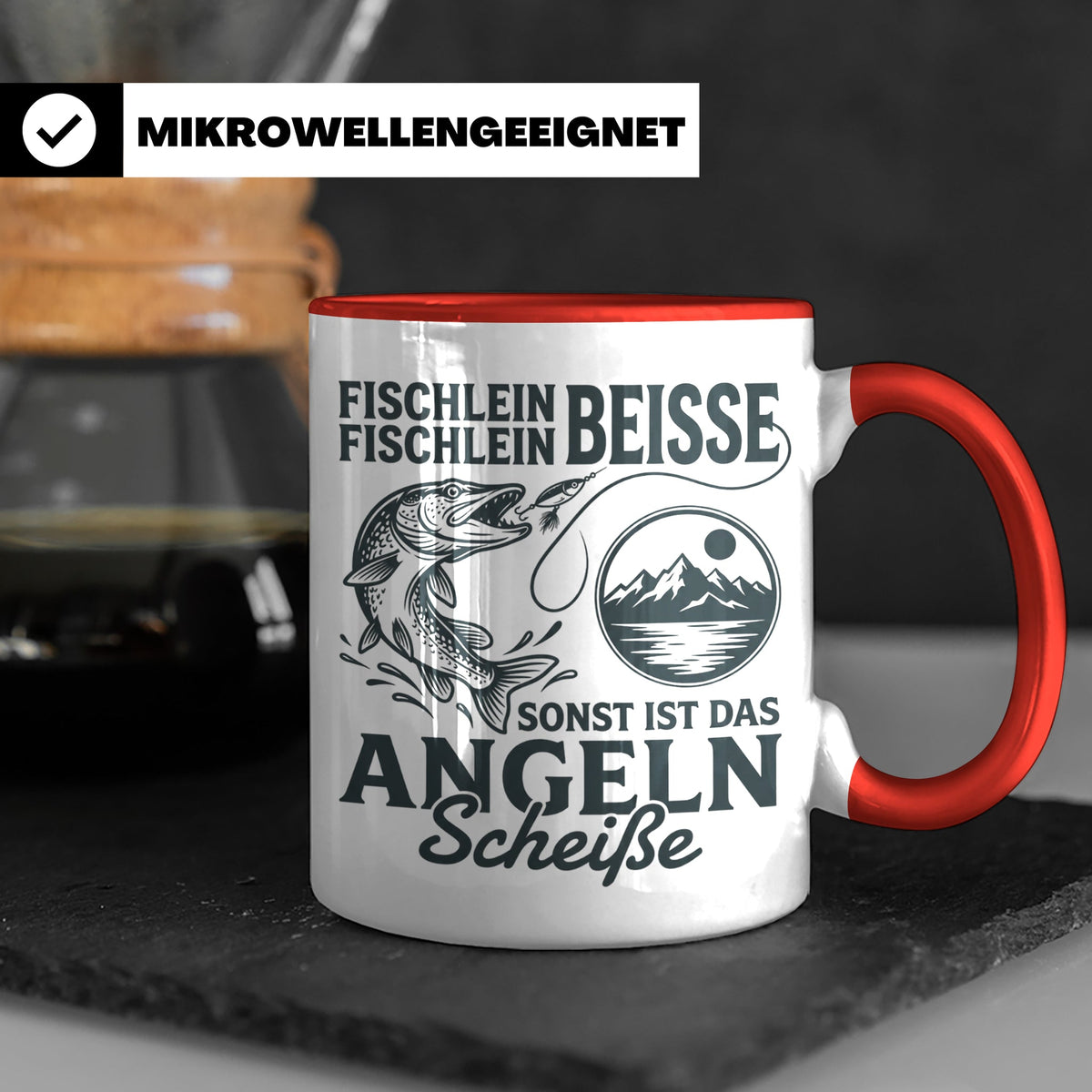 Angler Tasse Hecht Spruch Fischlein Beisse, Lustige Kaffeeta – Rot [farbe:rot]